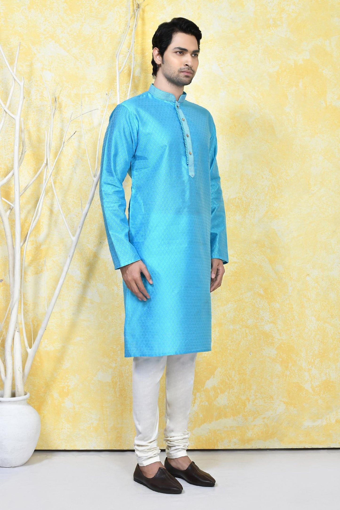 Kurta Set Blue Silk Embroidery Prism Crest Motif Resham Woven