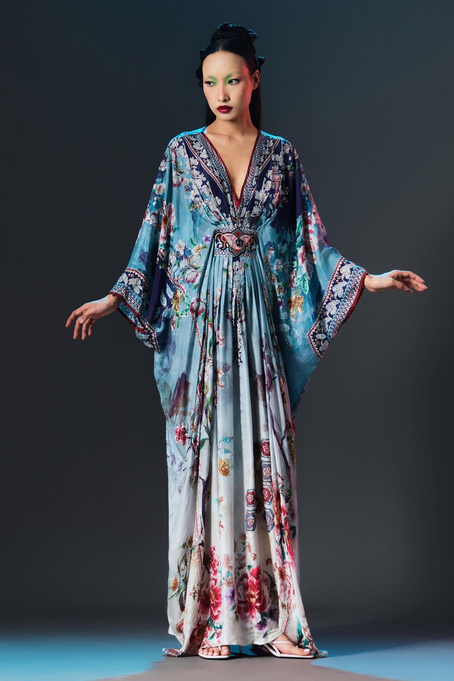 Blue Silk Pearls V-neck Imama V Jewelled Belted Print - Designer Kurta Set