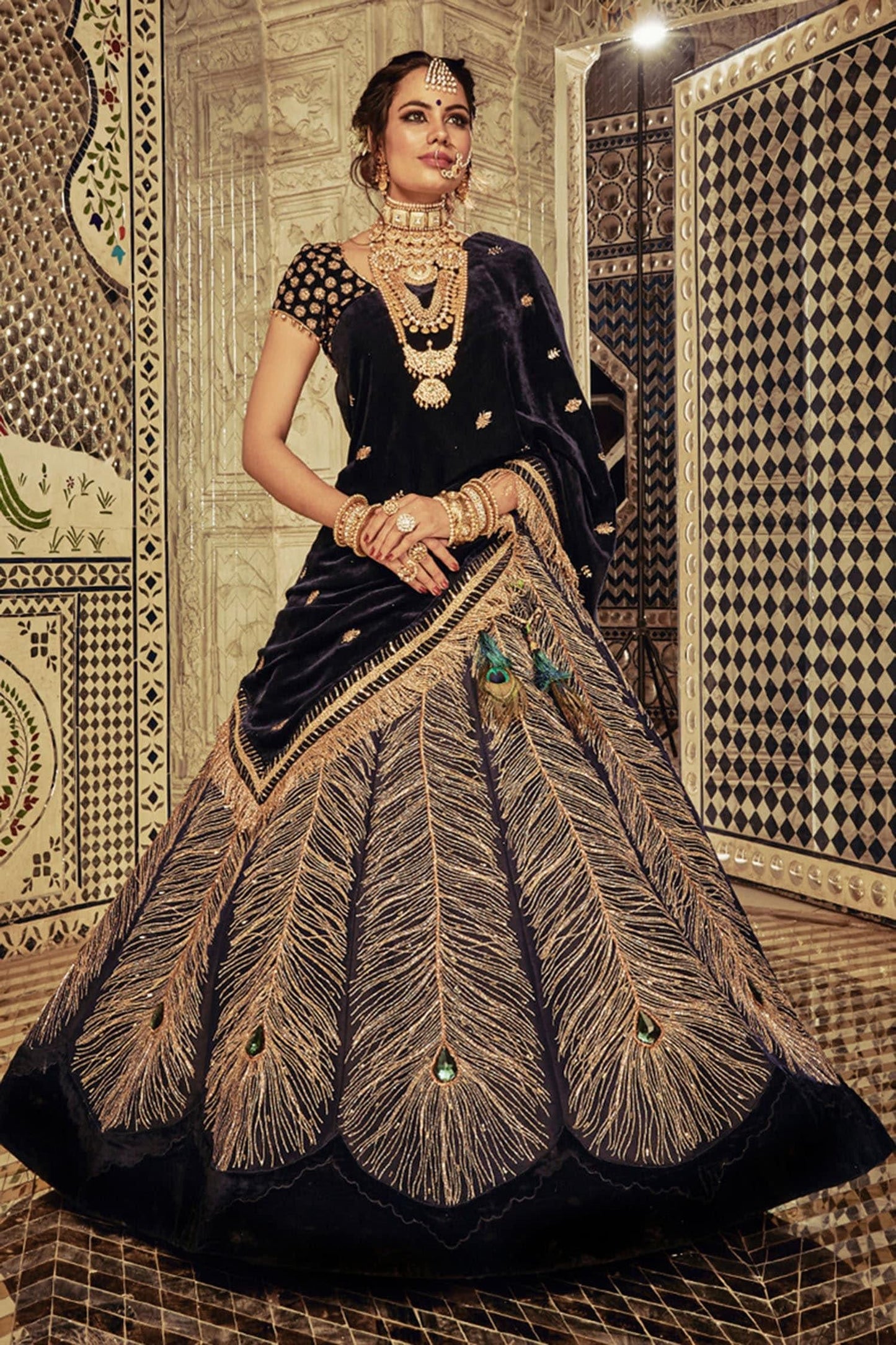 Blue Velvet Kasab Round Neckline Peacock Embroidered Bridal Lehenga Set - Designer Kurta Set