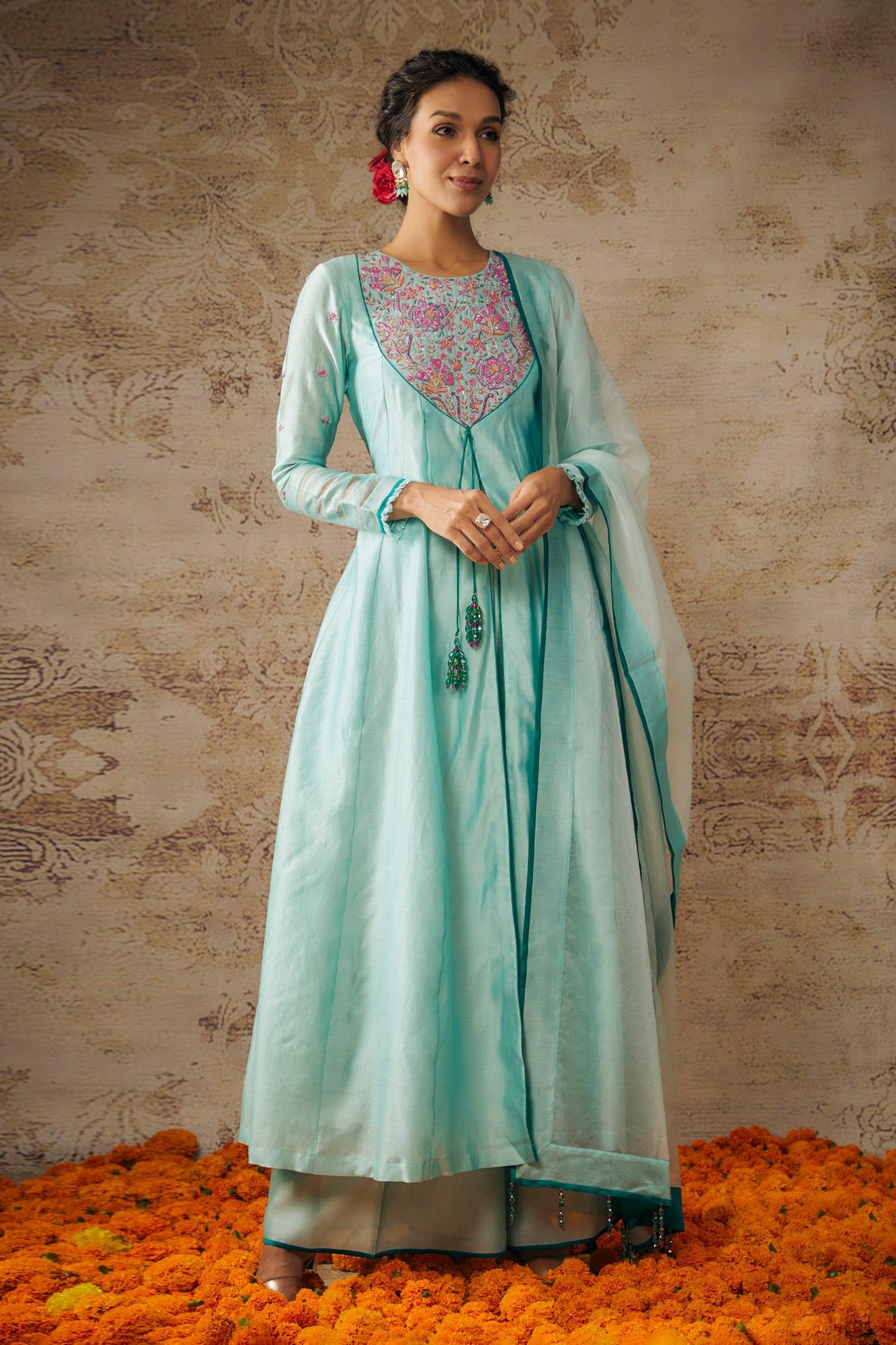 Blue Viscose, Chanderi Sequins, Beads Round Neck Yoke Embroidered Anarkali Set - Designer Kurta Set