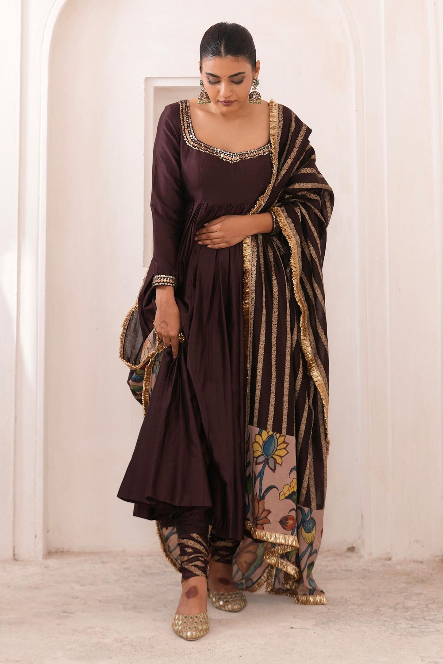 Brown , Chanderi Embroidery Square Neck Hand Anarkali Set - Designer Kurta Set