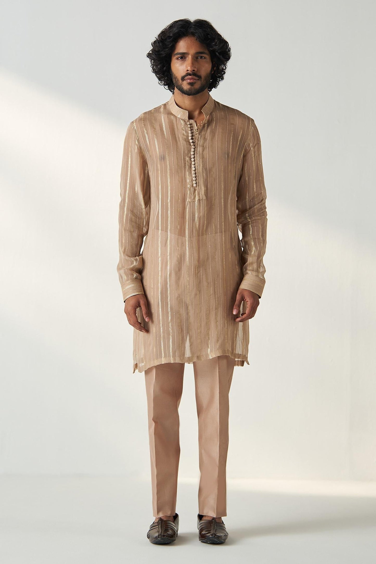 Kurta With Pant Brown Chanderi Georgette Omkar Stripe Pattern