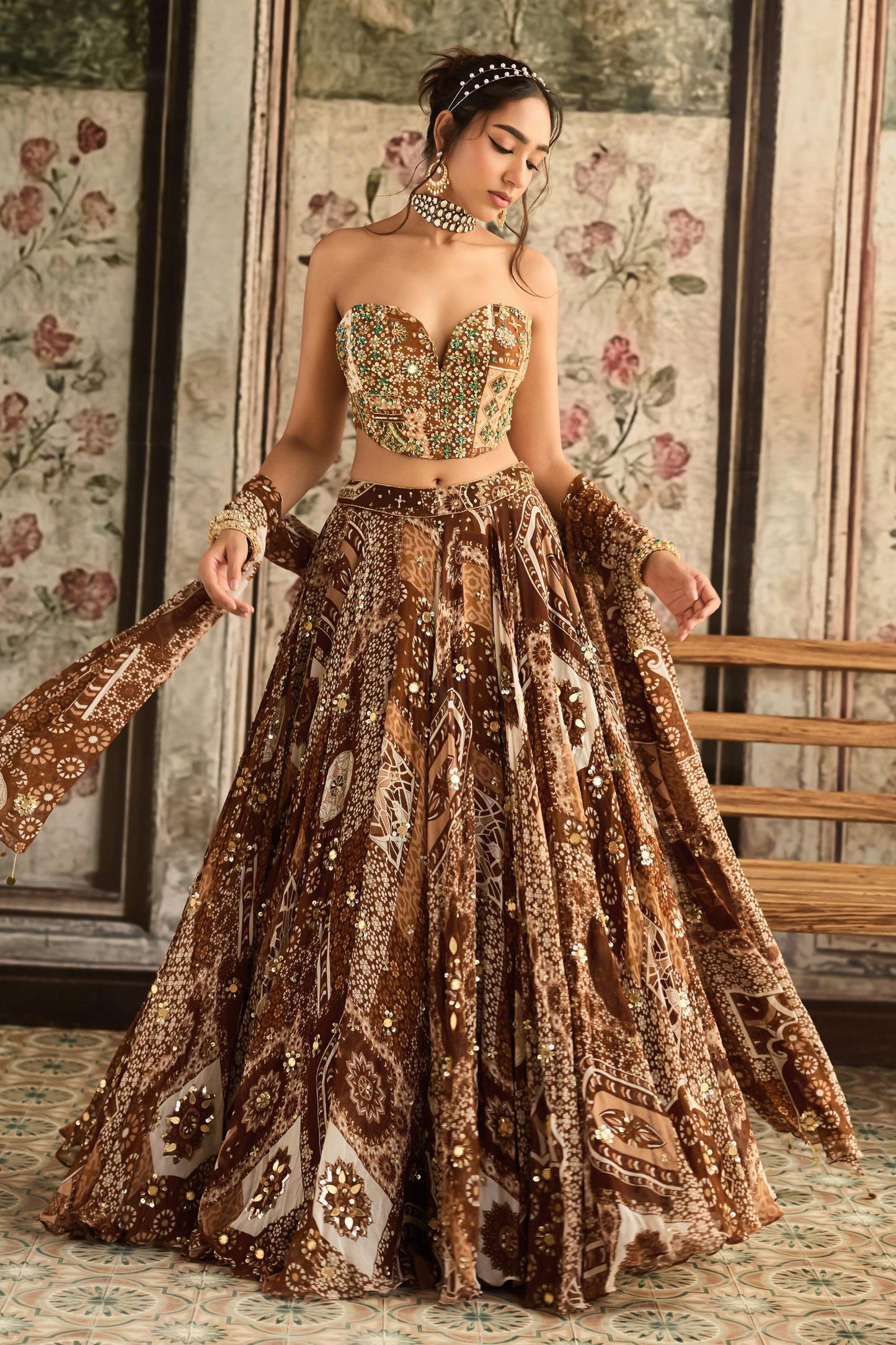 Brown Crepe, Georgette Sequins, Beads Sweetheart Printed Caramel Lehenga Set - Designer Kurta Set