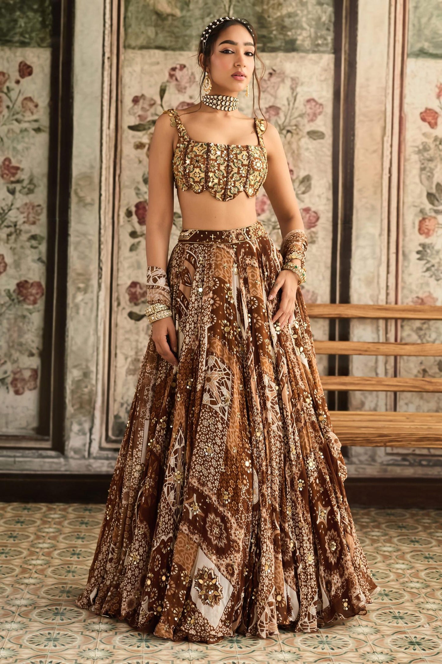 Brown Crepe, Georgette Sequins, Embroidery Square Caramel Printed Lehenga Set - Designer Kurta Set