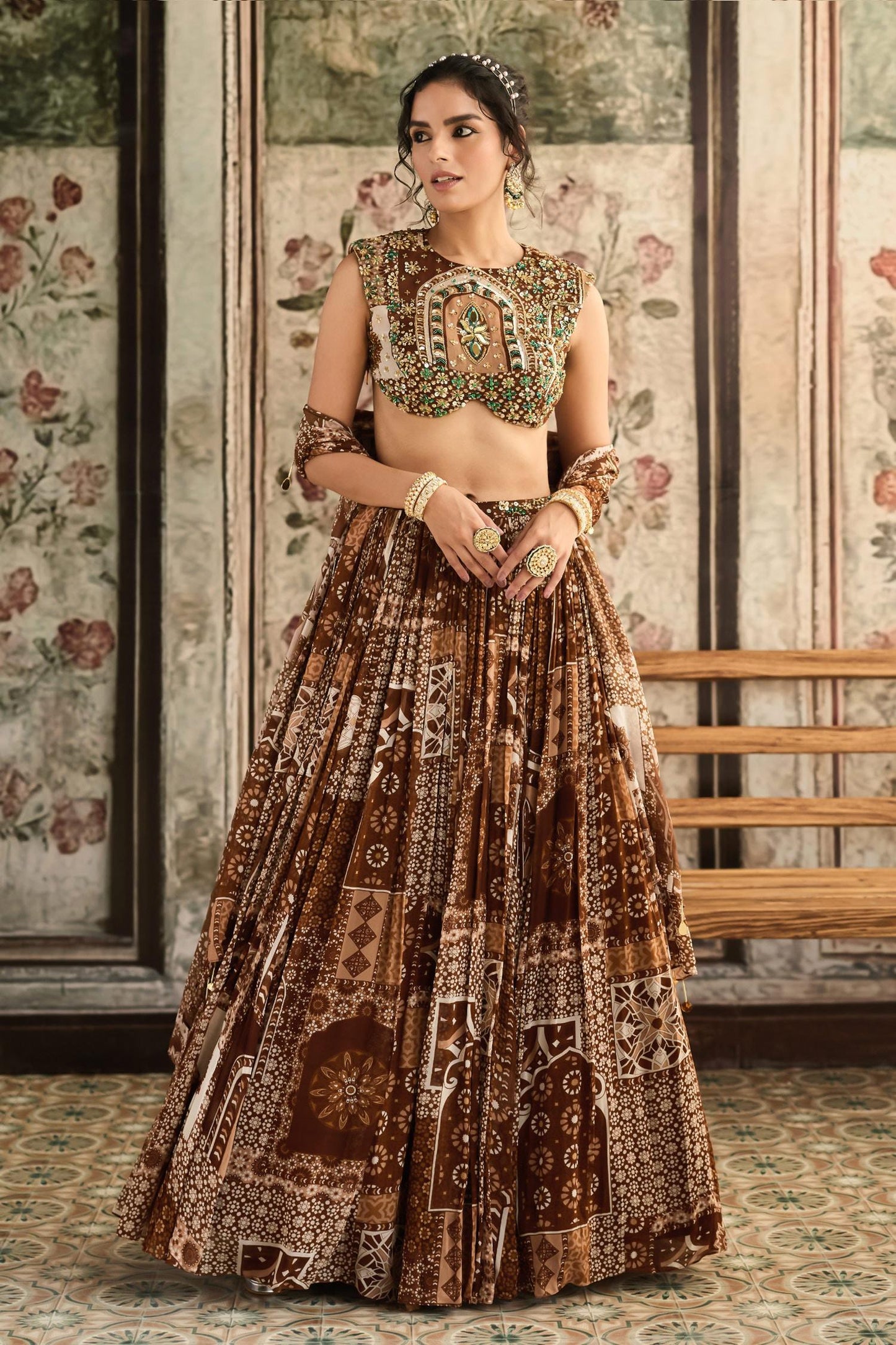 Brown Georgette Beads, Sequins Round Neck Caramel Printed Lehenga Set - Designer Kurta Set