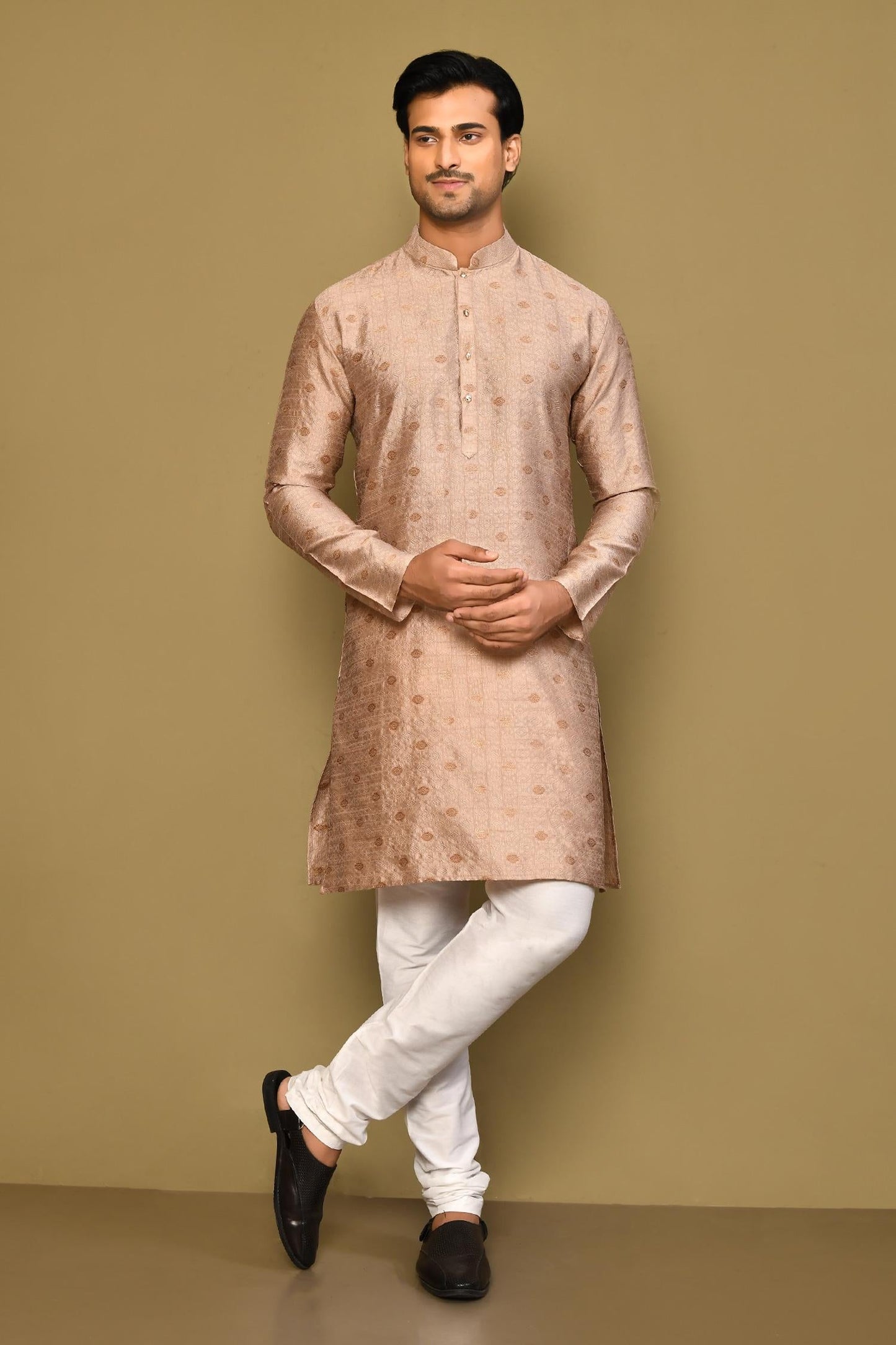 Kurta Set Brown Jacquard Polyester Viscose Geometric Pattern Woven