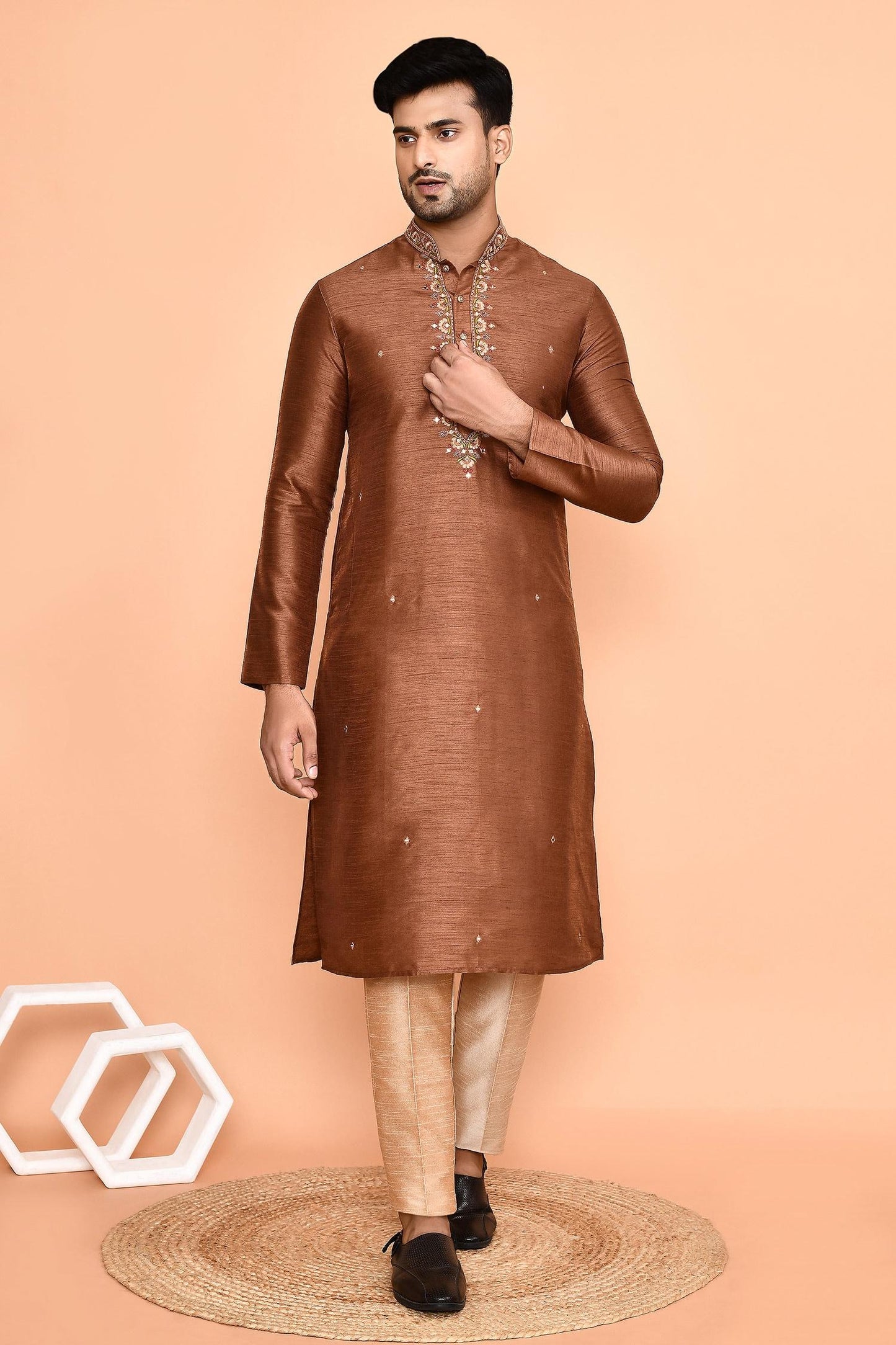 Kurta With Pant Brown Silk Embroidery Mini Flora