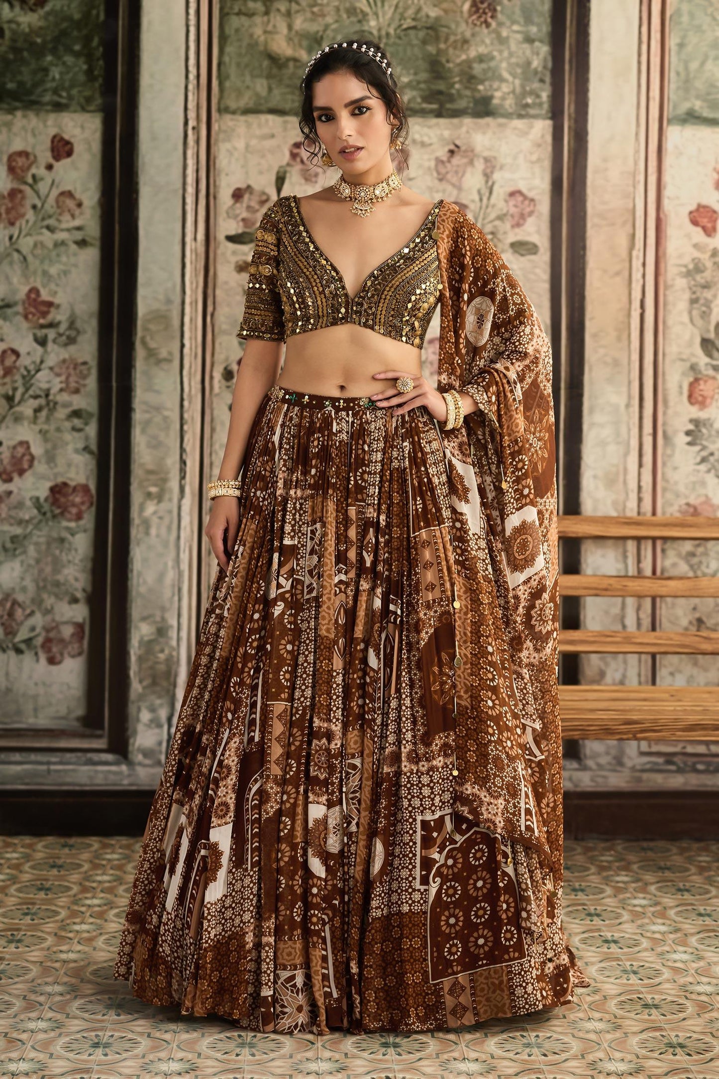 Brown Tulle, Georgette Sequins, Beads V-neck Caramel Printed Lehenga Set - Designer Kurta Set