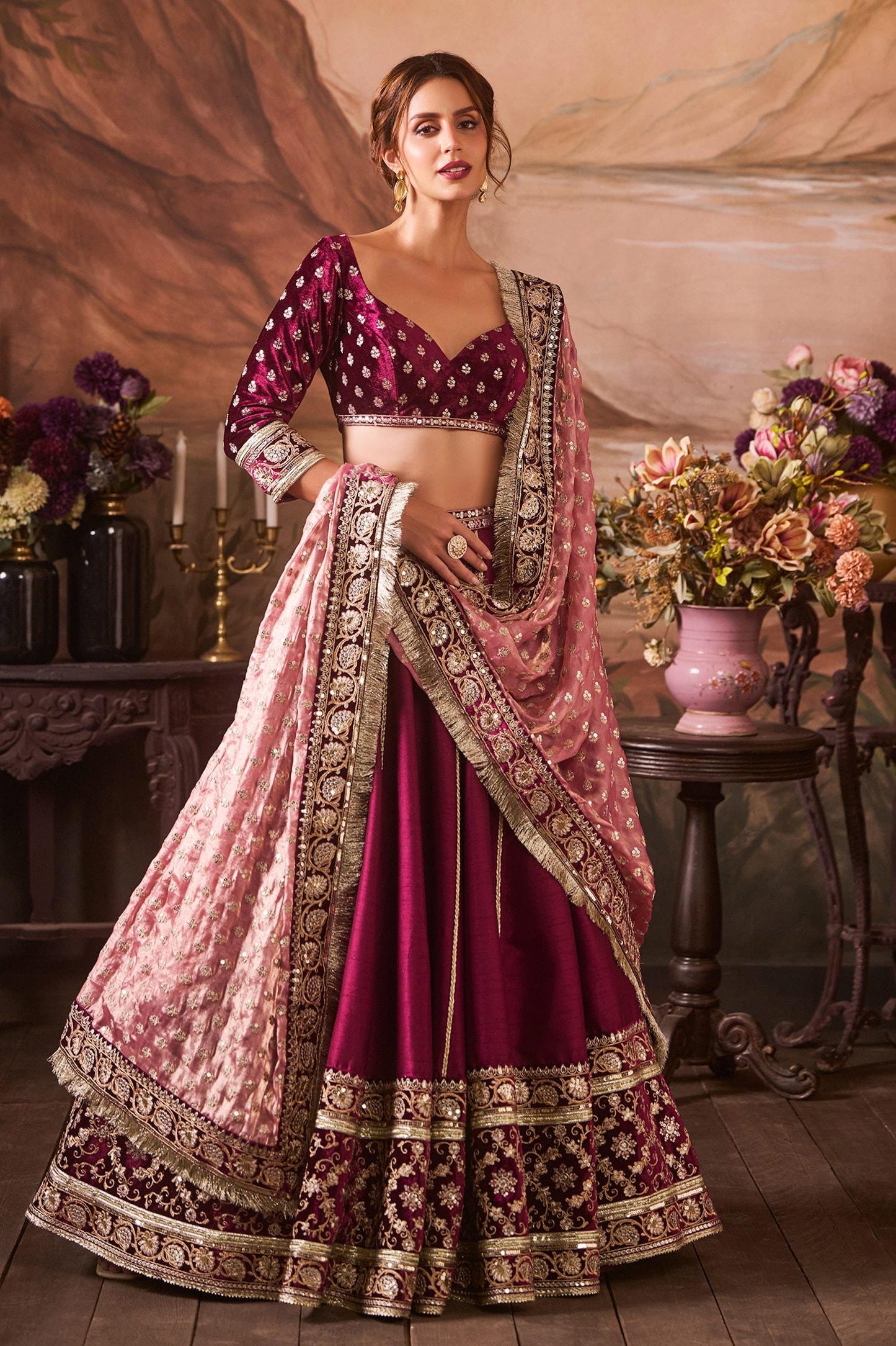 Burgundy Silk, Velvet Sequins, Zari Sweetheart Floral Embroidered Lehenga Set - Designer Kurta Set