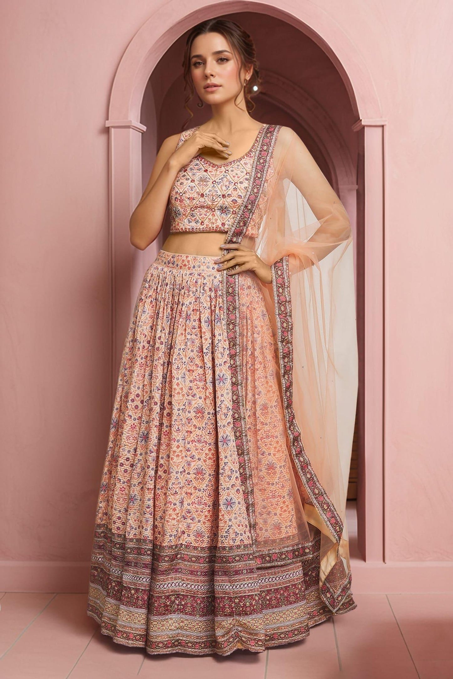 Cream Chiffon Sequins, Mirrors, Embroidery Floral Mughal Print Lehenga Set - Designer Kurta Set