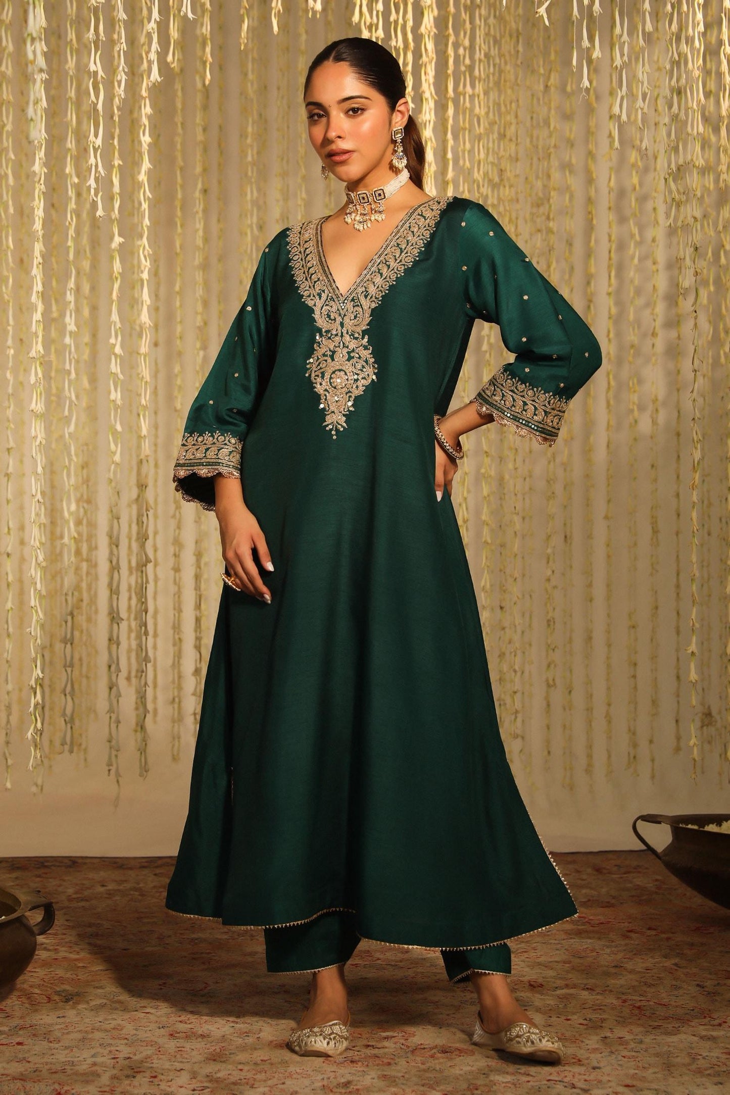 Emerald Green Silk Sequins, Mysha Paisley Long Kaftan With Doghri Salwar - Designer Kurta Set