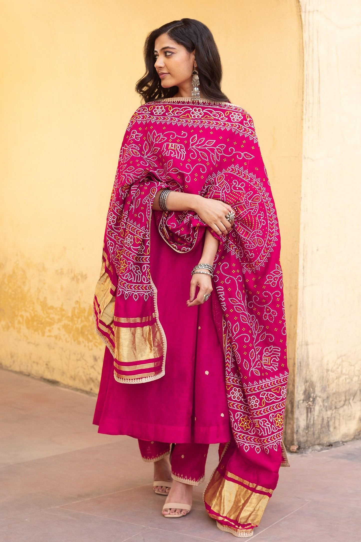 Fuchsia Chanderi, Muslin Embroidery Round Neck Ditsy Flora Anarkali Set - Designer Kurta Set