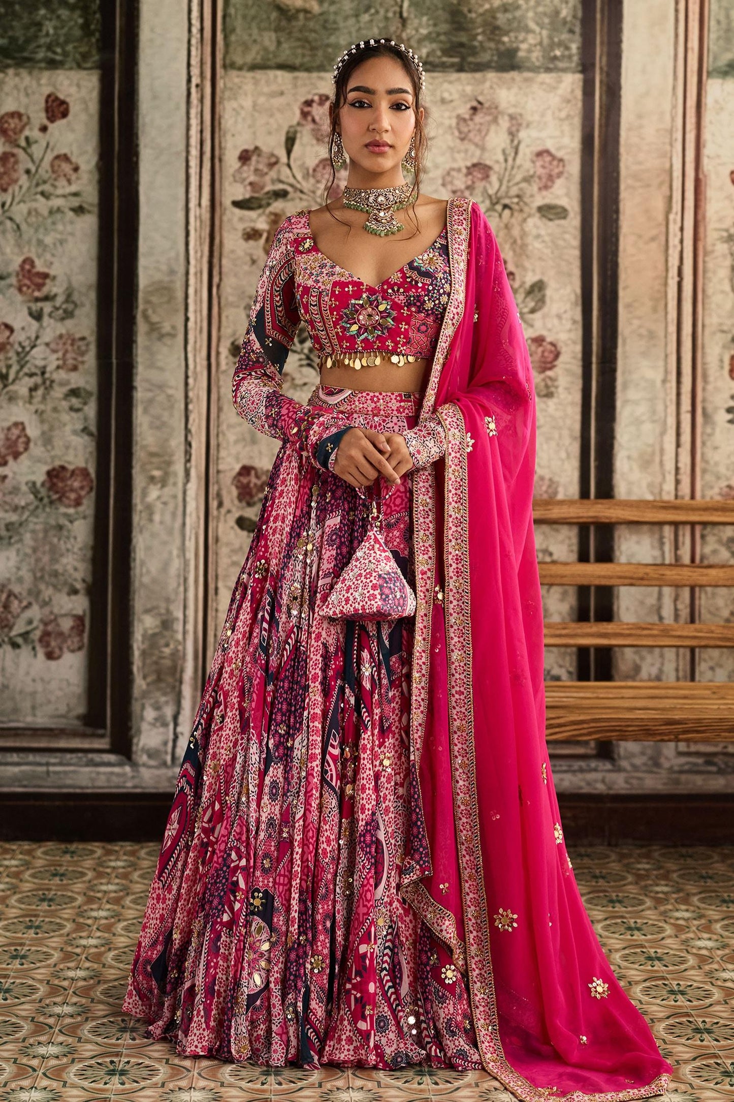 Fuchsia Crepe, Georgette, Organza Sequins, Beads, Fuschia Printed Lehenga Set - Designer Kurta Set