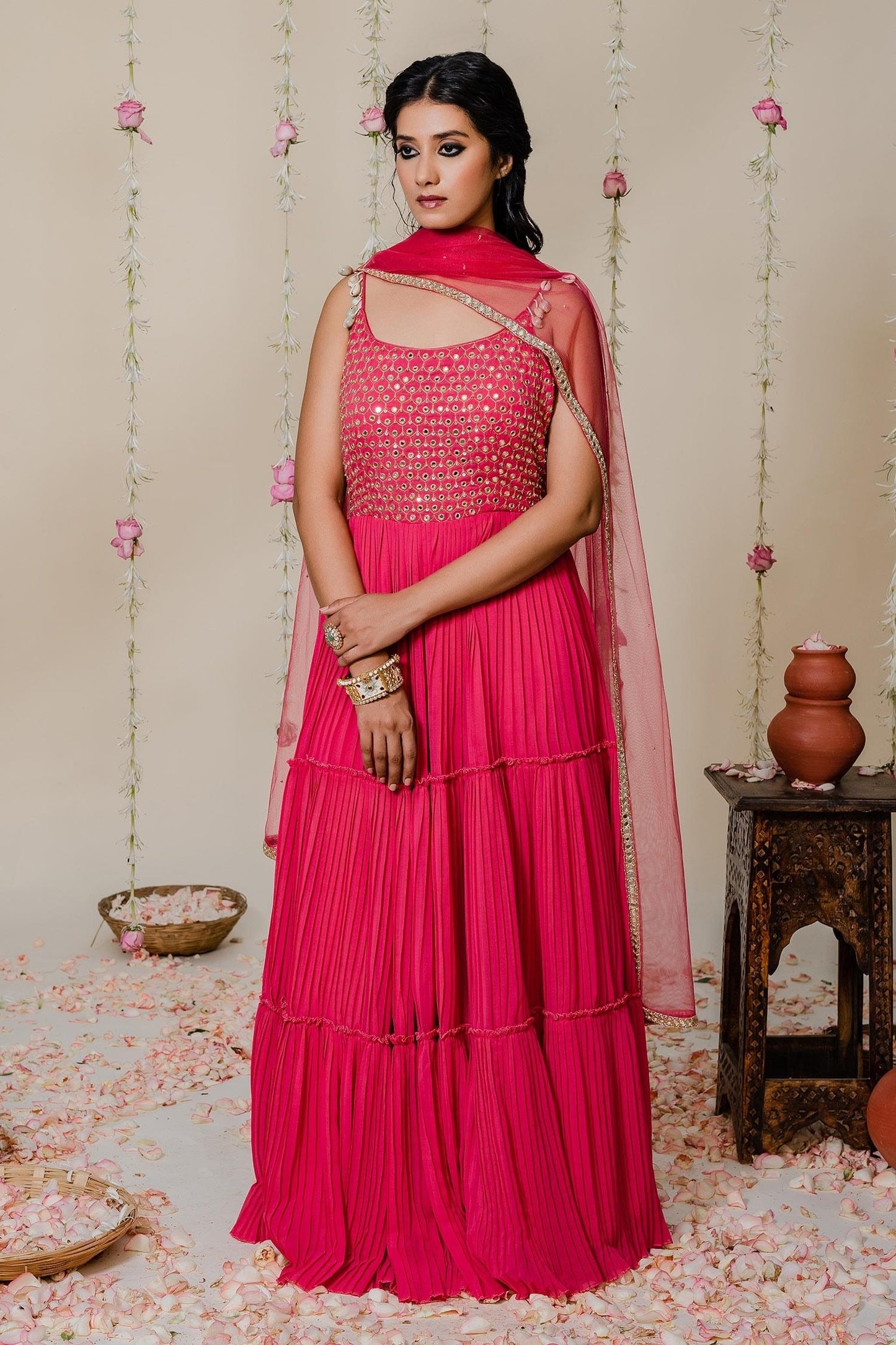 Fuchsia Georgette, Dupatta Net Cutdana, Kasab, Hand Embroidered Anarkali With - Designer Kurta Set