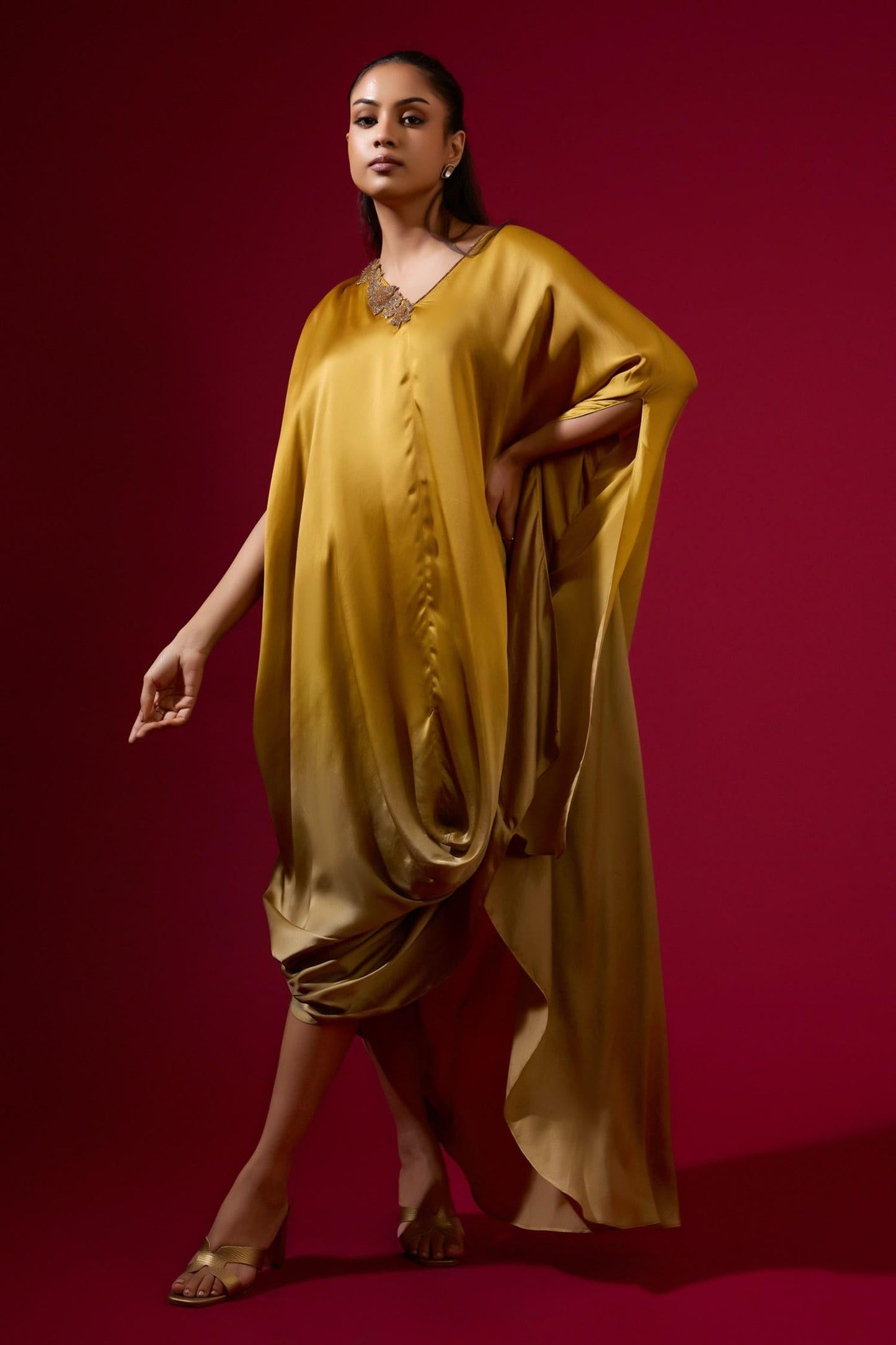 Gold Silk Satin V-neck Kaftan - Designer Kurta Set
