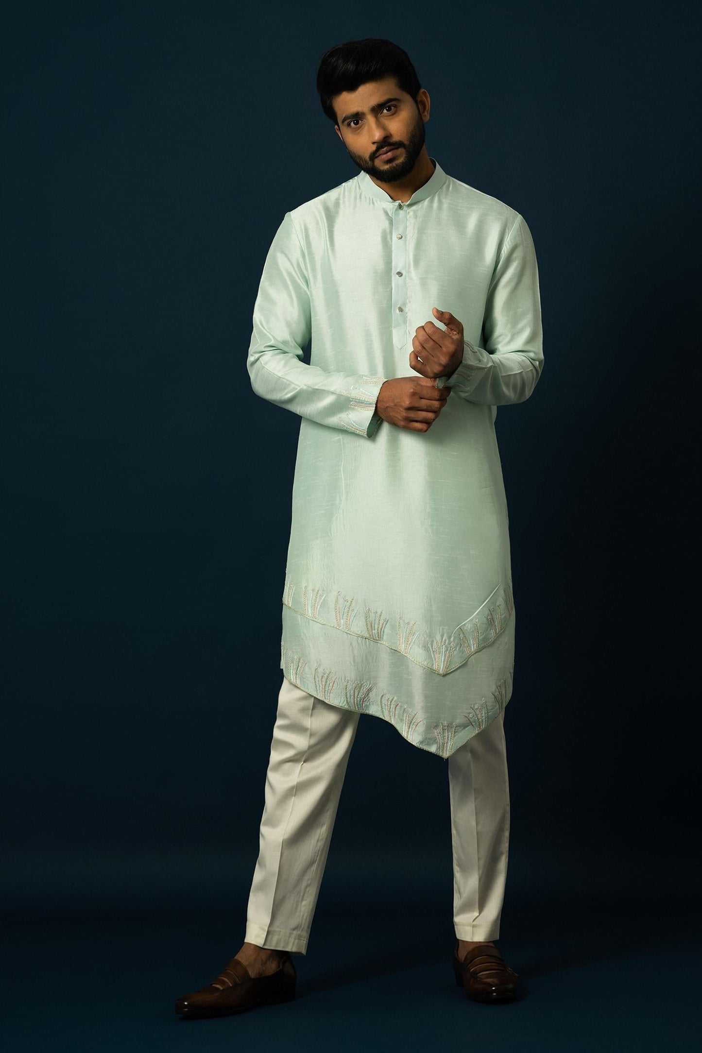 Kurta With Pyjama Green Bamboo Cotton Sequins Embroidery Seaform Thread Work