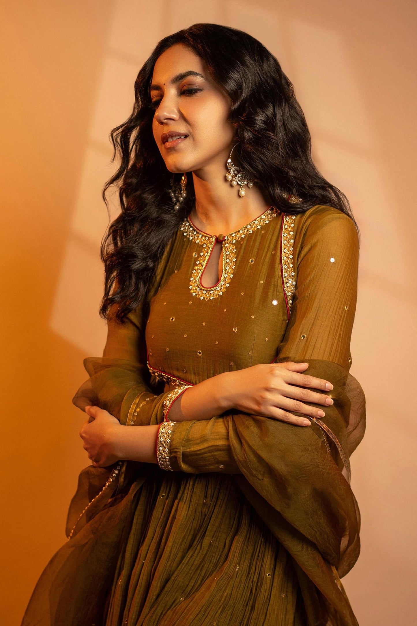 Green Chanderi, Silk, Organza Parijat Mirror Embroidered Anarkali Pant Set - Designer Kurta Set