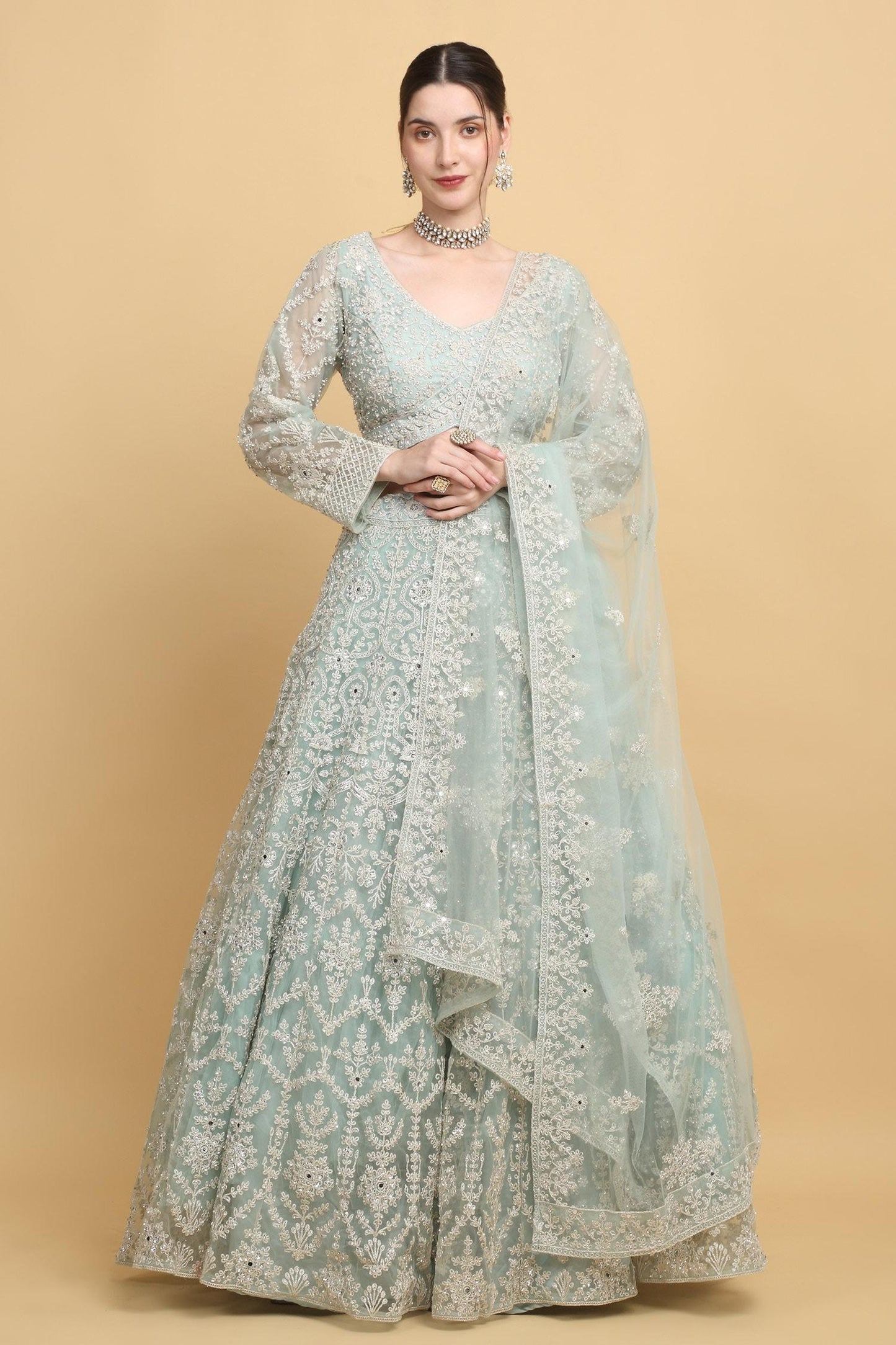 Green Cotton, Organza Embroidery Asymmetric Suhana Floral Bridal Lehenga Set - Designer Kurta Set