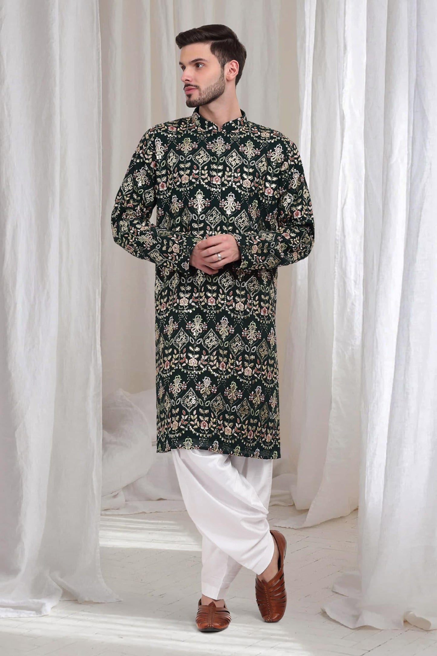 Kurta With Patiala Green Cotton Sequins Embroidery Krish