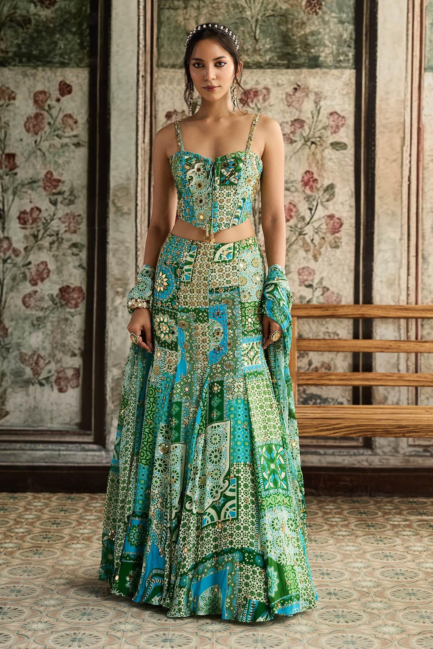 Green Crepe, Georgette Sequins, Aqua Blue And Designer Corset Skirt Set - Designer Kurta Set