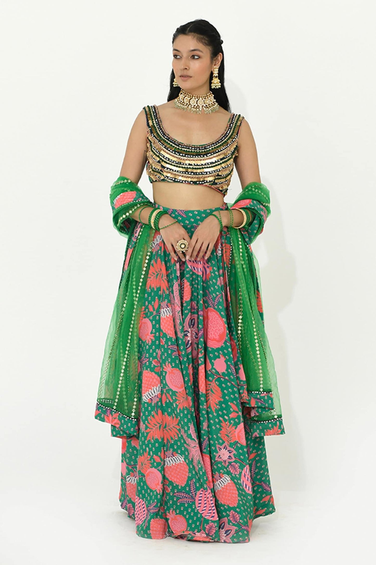 Green Crepe, Net Mirrors, Tassels Scoop Neck Jade Floral Print Lehenga Set - Designer Kurta Set
