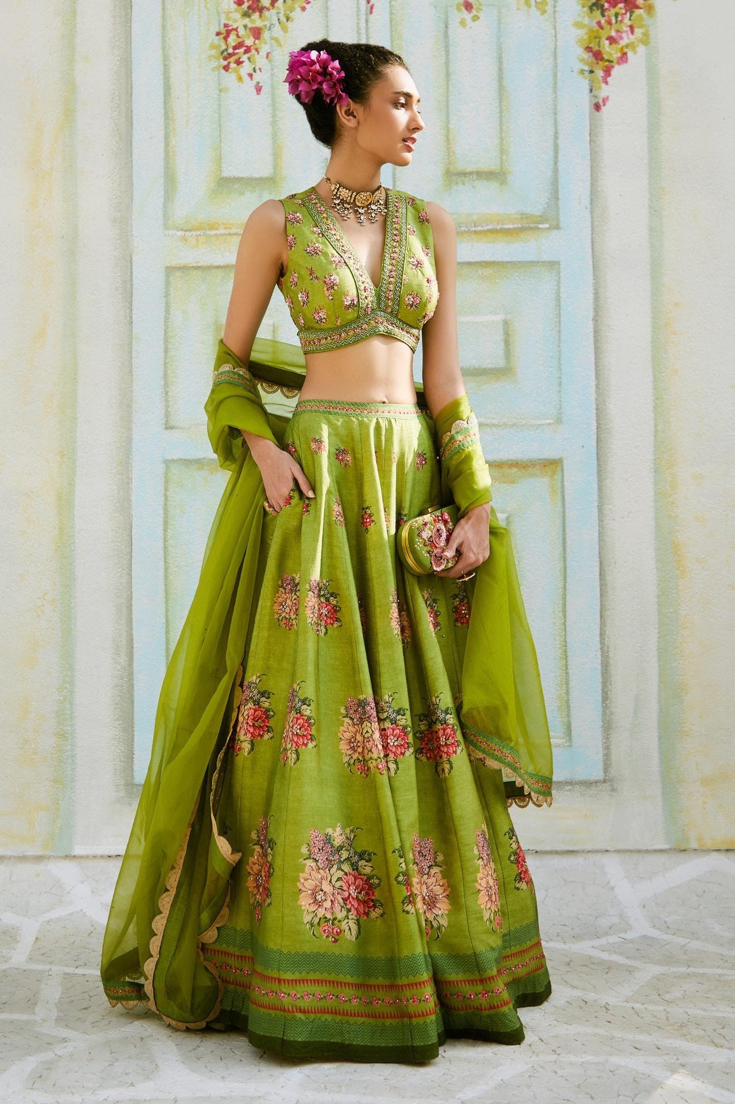 Green Dupatta Organza, Lehenga And Blouse Tussar Floral V Neck Print Set - Designer Kurta Set