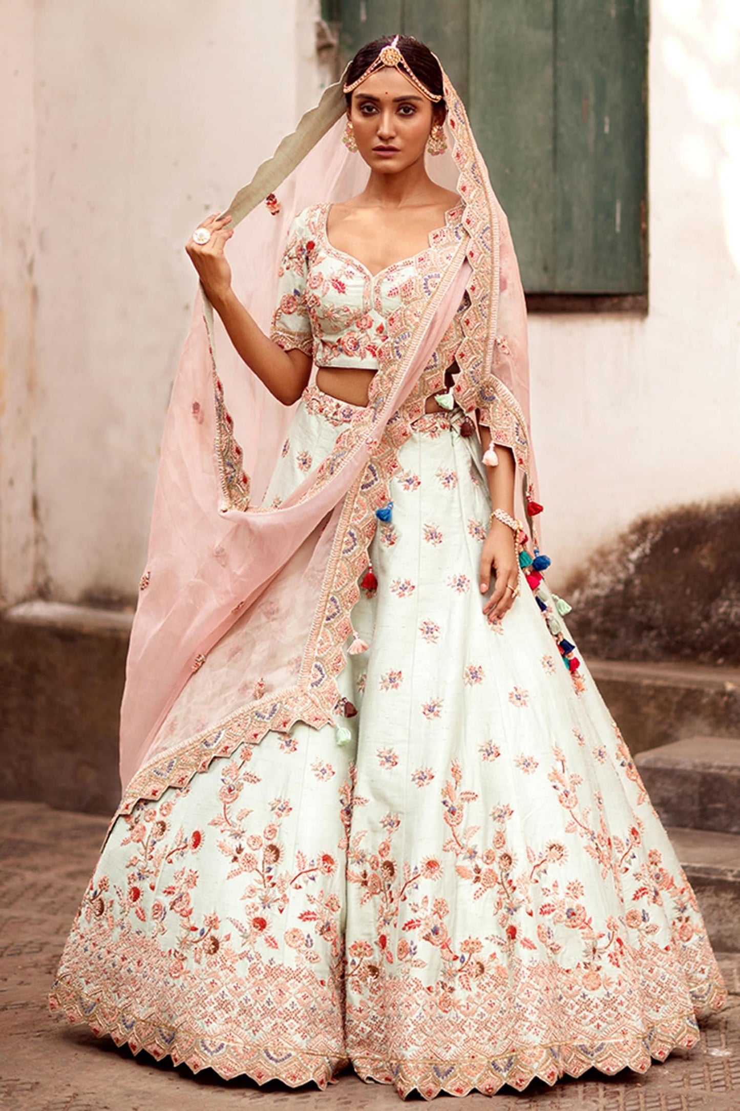 Green Dupatta Tissue, Lehenga And Blouse Raw Jamuna Embroidered Bridal Set - Designer Kurta Set