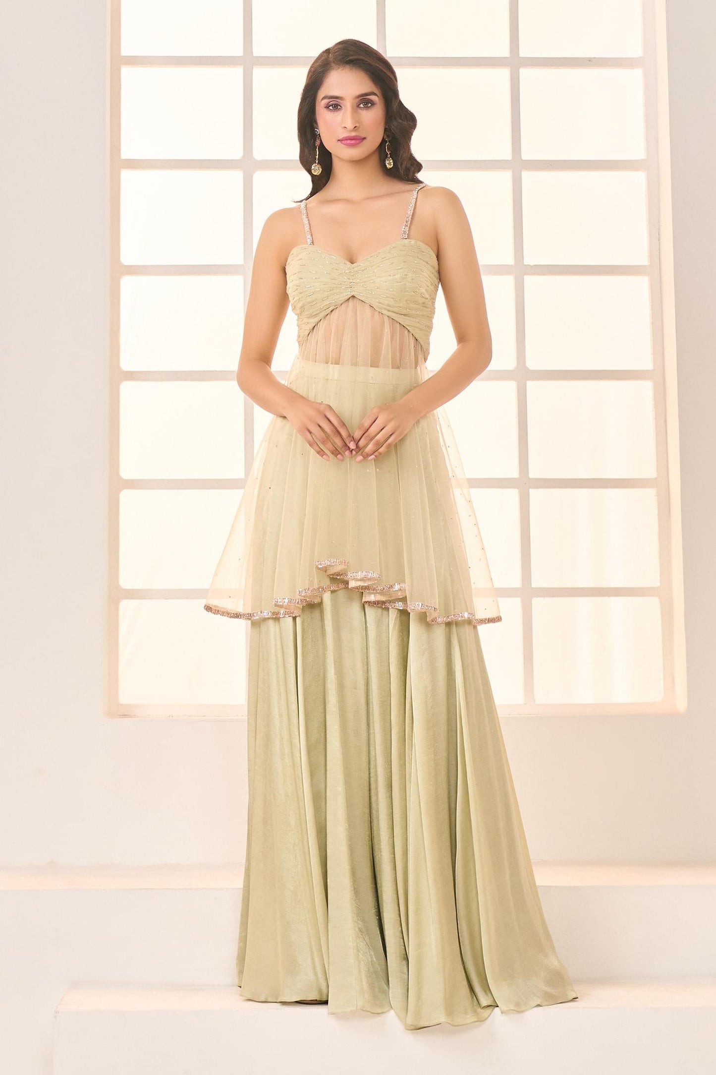 Green Gabardine Lace, Embroidery Sweetheart Neck Short Anarkali With Sharara - Designer Kurta Set