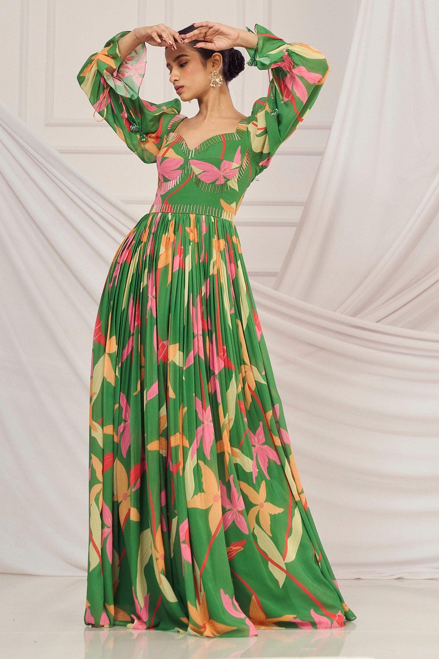 Green Georgette, Crepe, Cotton Sequins, Cut Floral Print Cutdana Anarkali Set - Designer Kurta Set