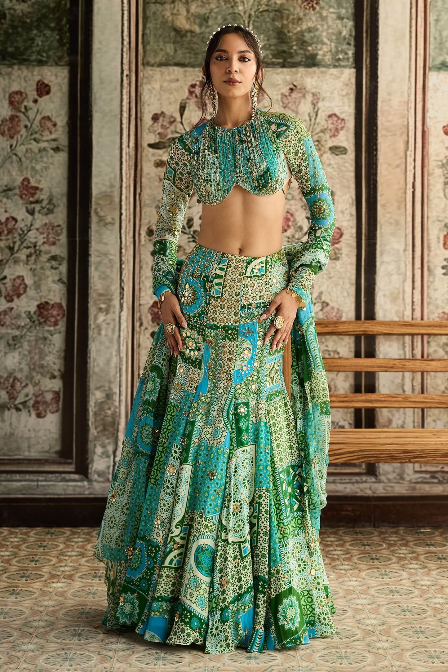 Green Georgette, Crepe Sequins, Embroidery Round Neck Printed Skirt Set - Designer Kurta Set