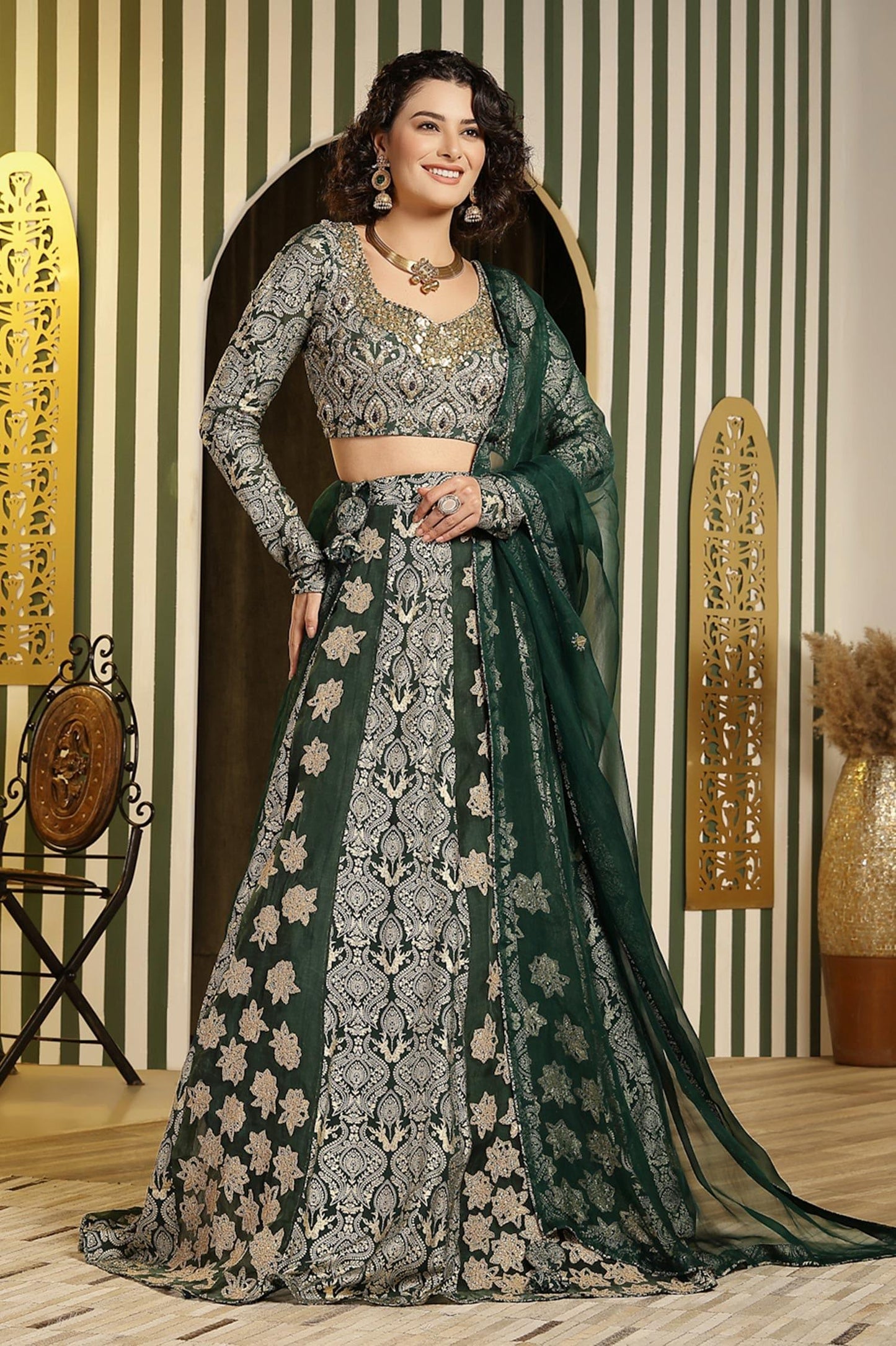 Green Georgette, Organza Gota Patti, Mughal Floral Embellished Lehenga Set - Designer Kurta Set
