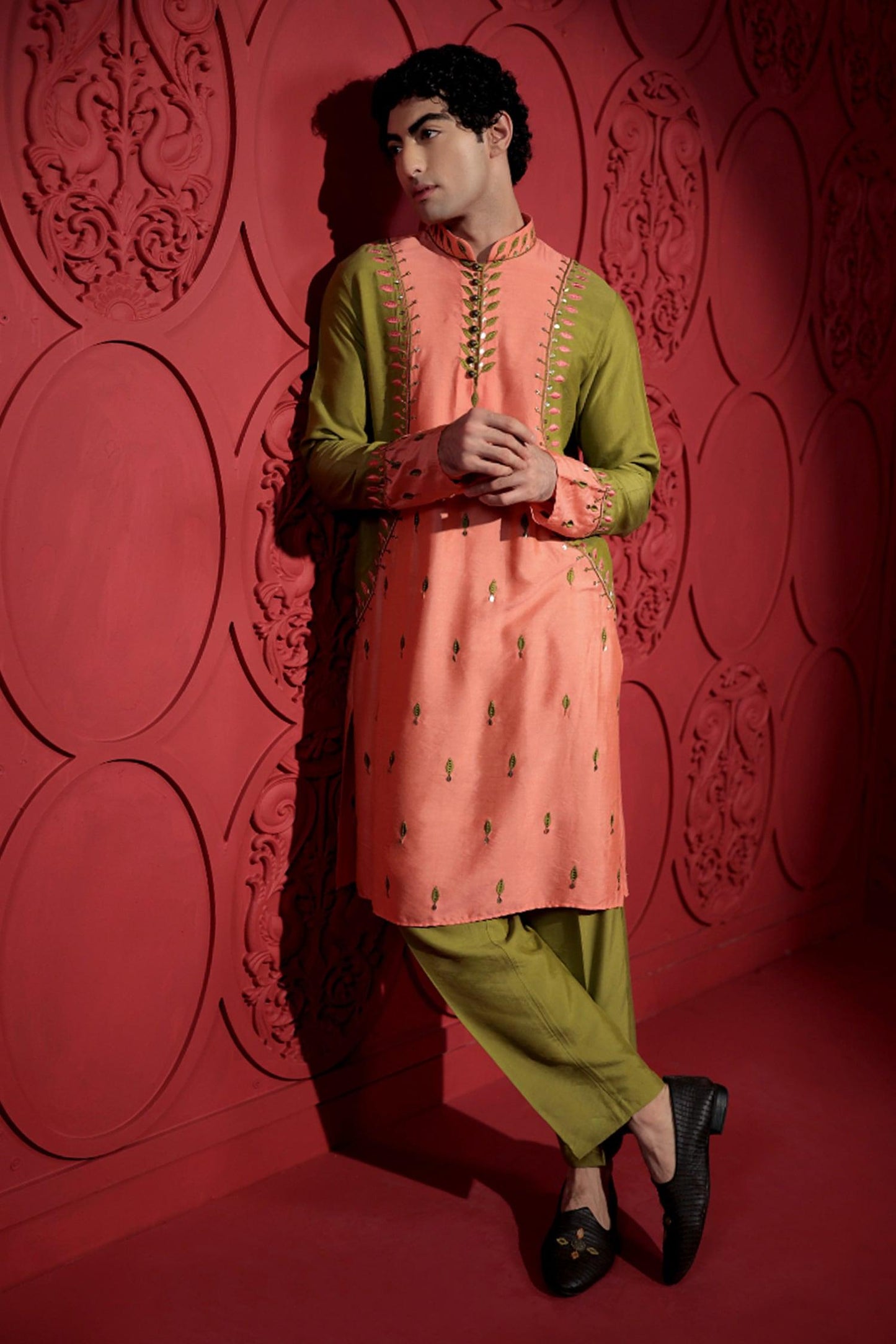 Kurta With Pant Green Kota Doria Silk Sequins Embroidery Resham Color Block