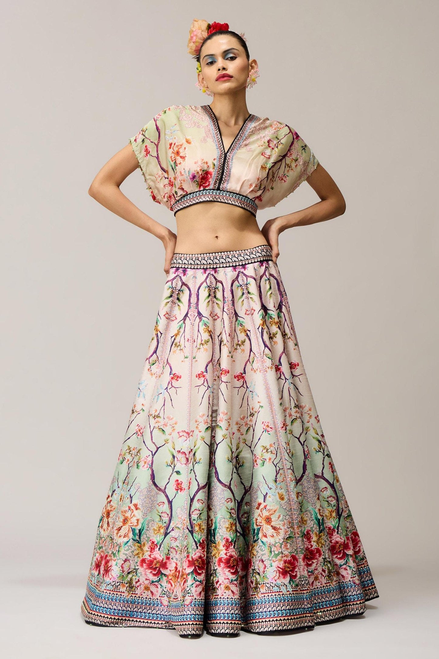 Green Neerja Leela With Blouse Crystallised Printed And Crop Top - Designer Kurta Set