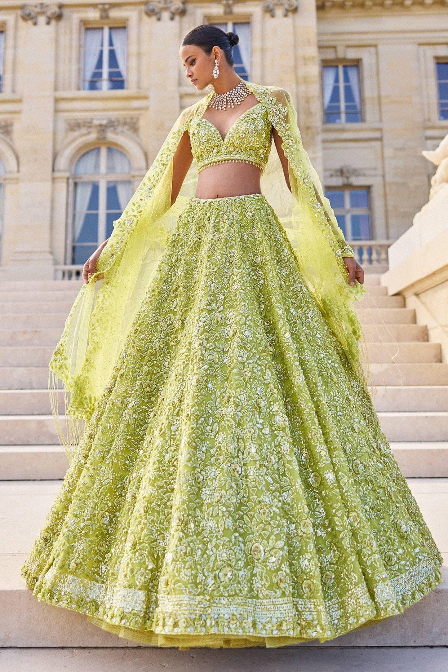 Green Net Sequins, Beads, Crystals Tonal Embroidered Bridal Lehenga Set - Designer Kurta Set