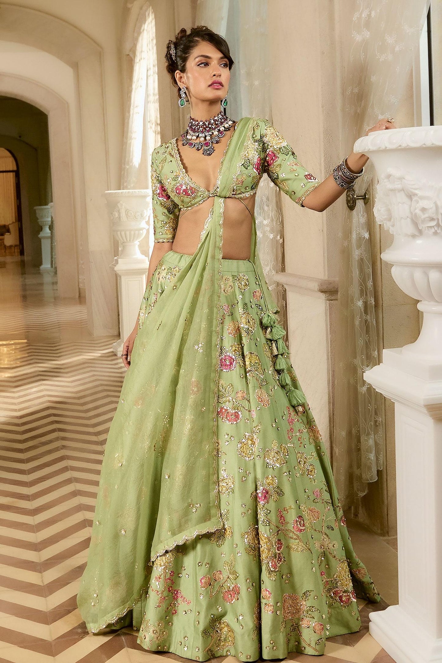 Green Organza Embroidery V-neck Floral Sage Lehenga Set - Designer Kurta Set