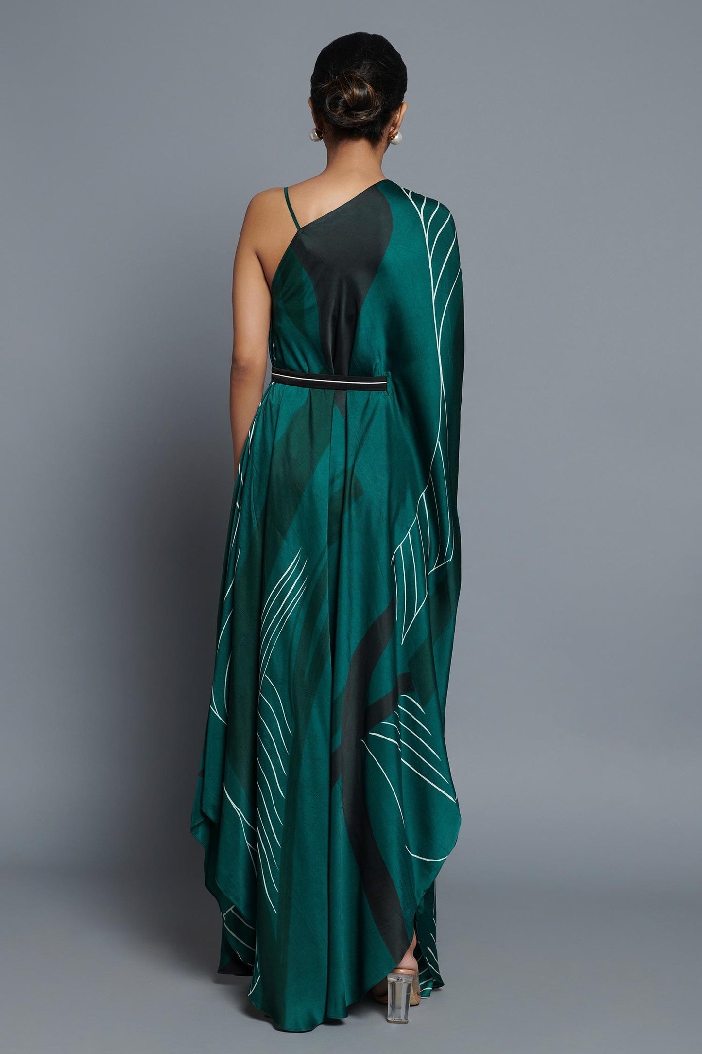 Green Satin V-neck Abstract Print Kaftan