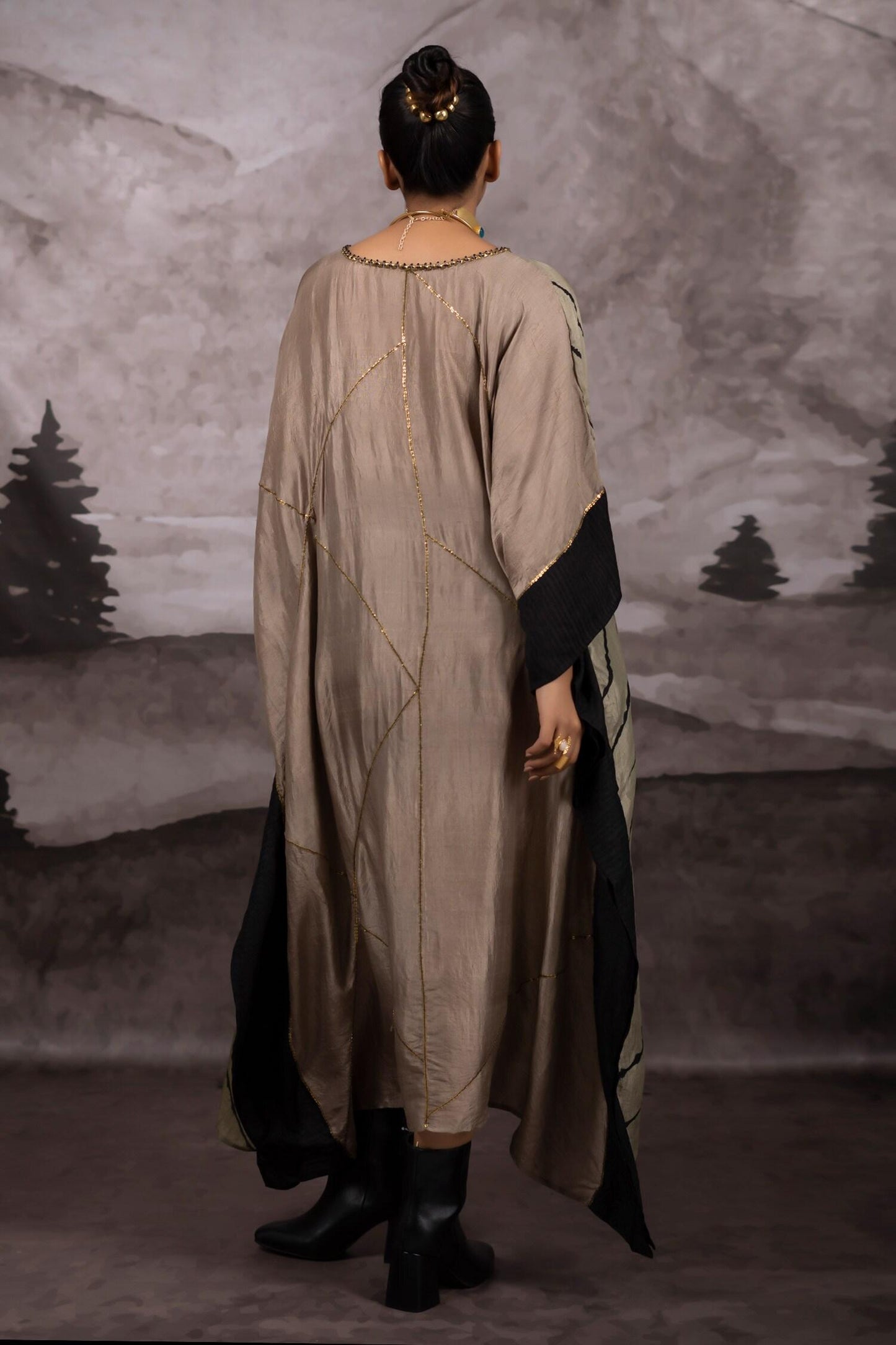 Green Silk Patchwork And Leheriya Pattern Reversible Kaftan With Rope Belt