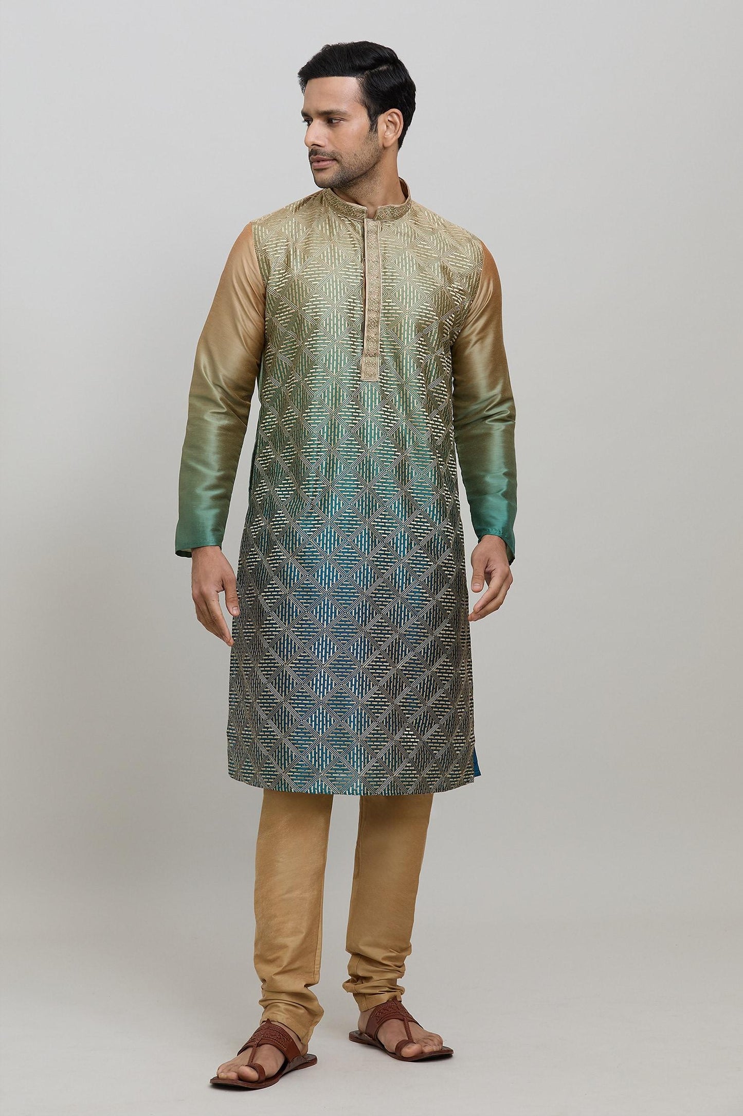 Kurta Set Green Silk Polyester Embroidery Ombre
