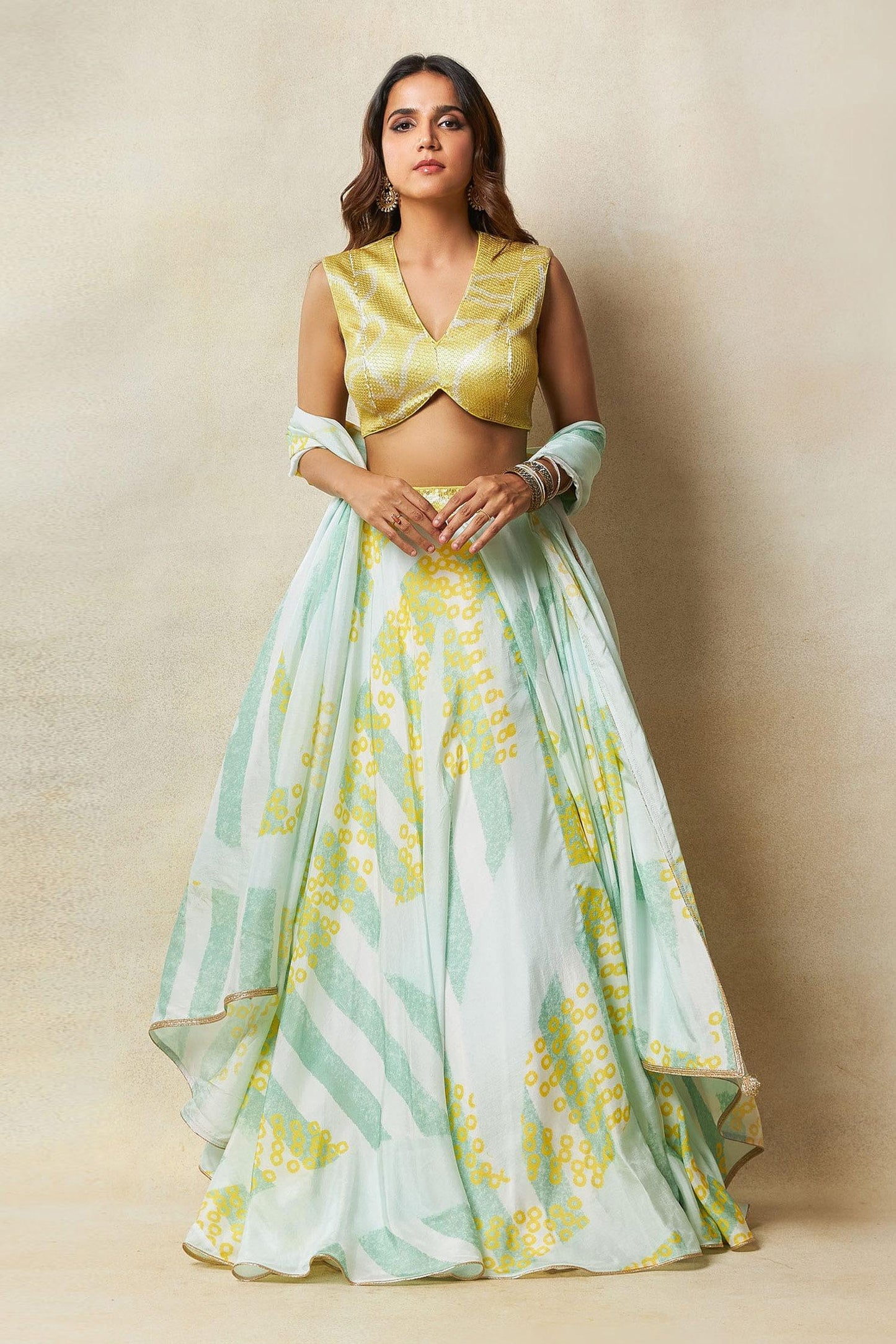 Green Silk Sequins V-neck Abstract Print Lehenga Set - Designer Kurta Set