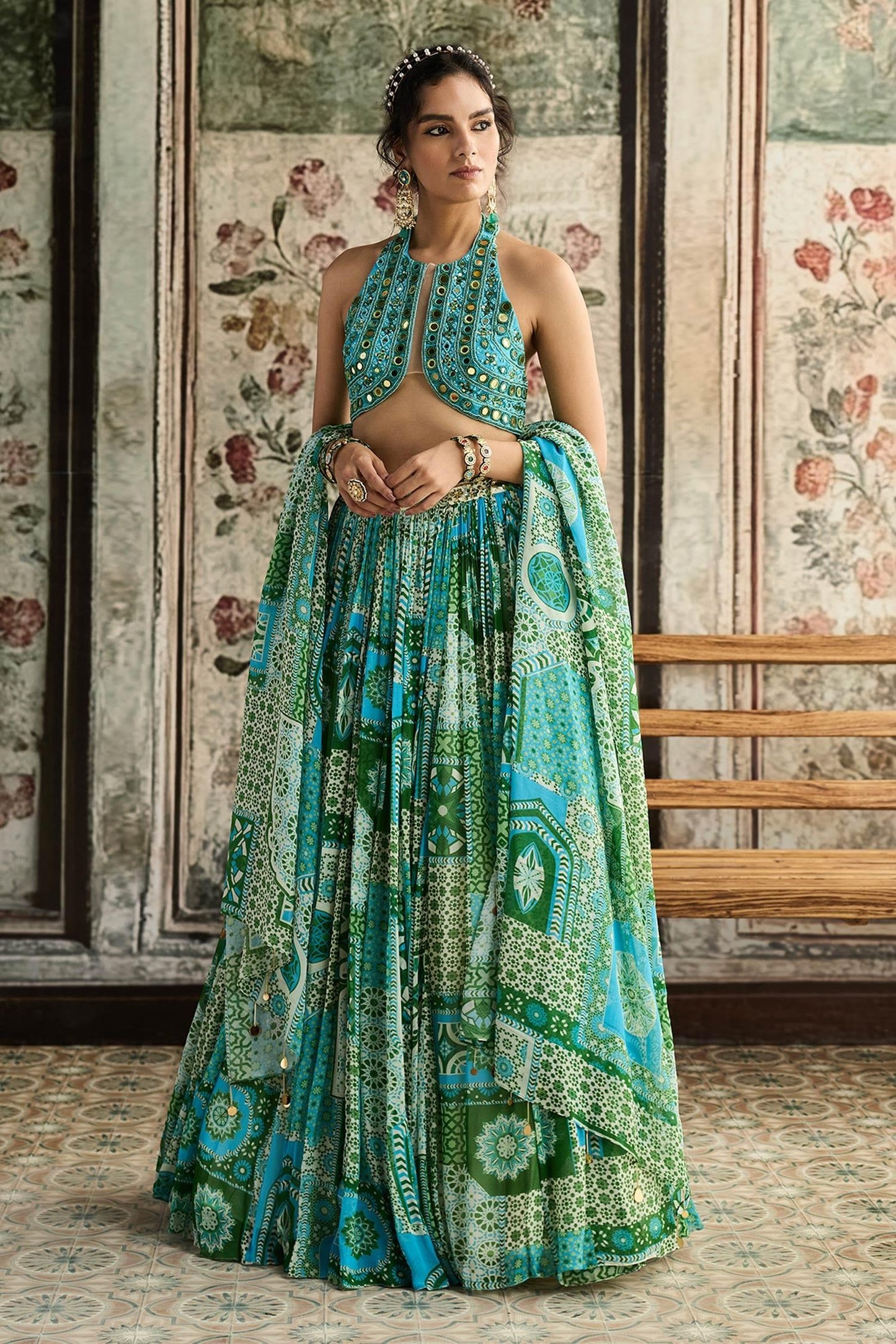 Green Tulle, Georgette Sequins Halter Neck Aqua Blue And Printed Lehenga Set - Designer Kurta Set
