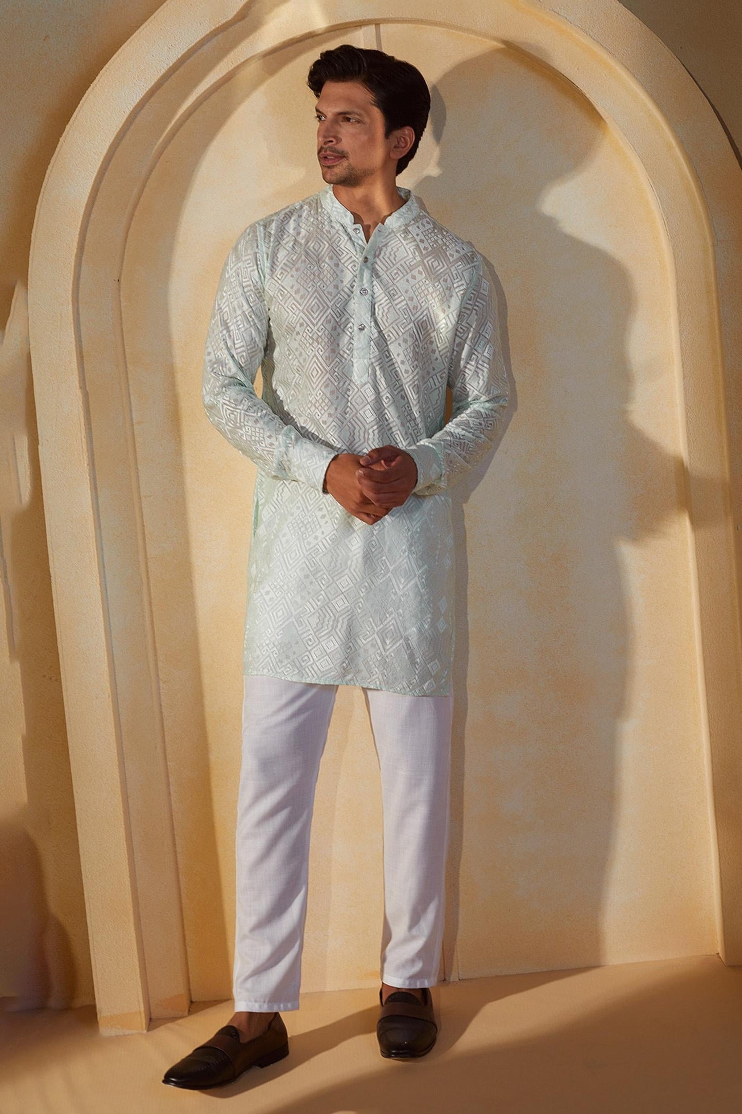 Kurta Set Green Viscose Cotton Silk Embroidery Mint Thread