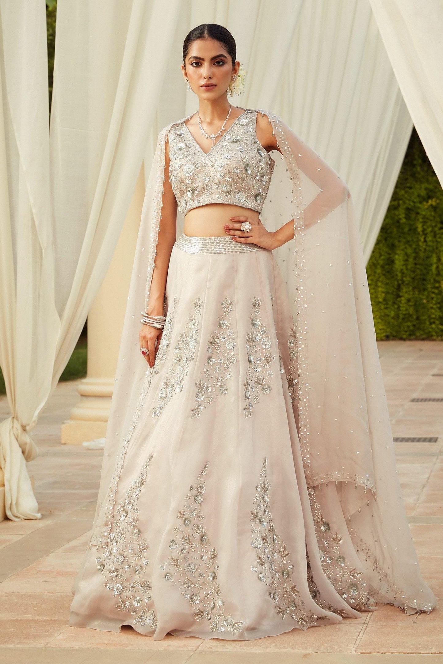 Grey Italian Organza Lining Satin Pearls, Floral Embroidered Lehenga Set - Designer Kurta Set
