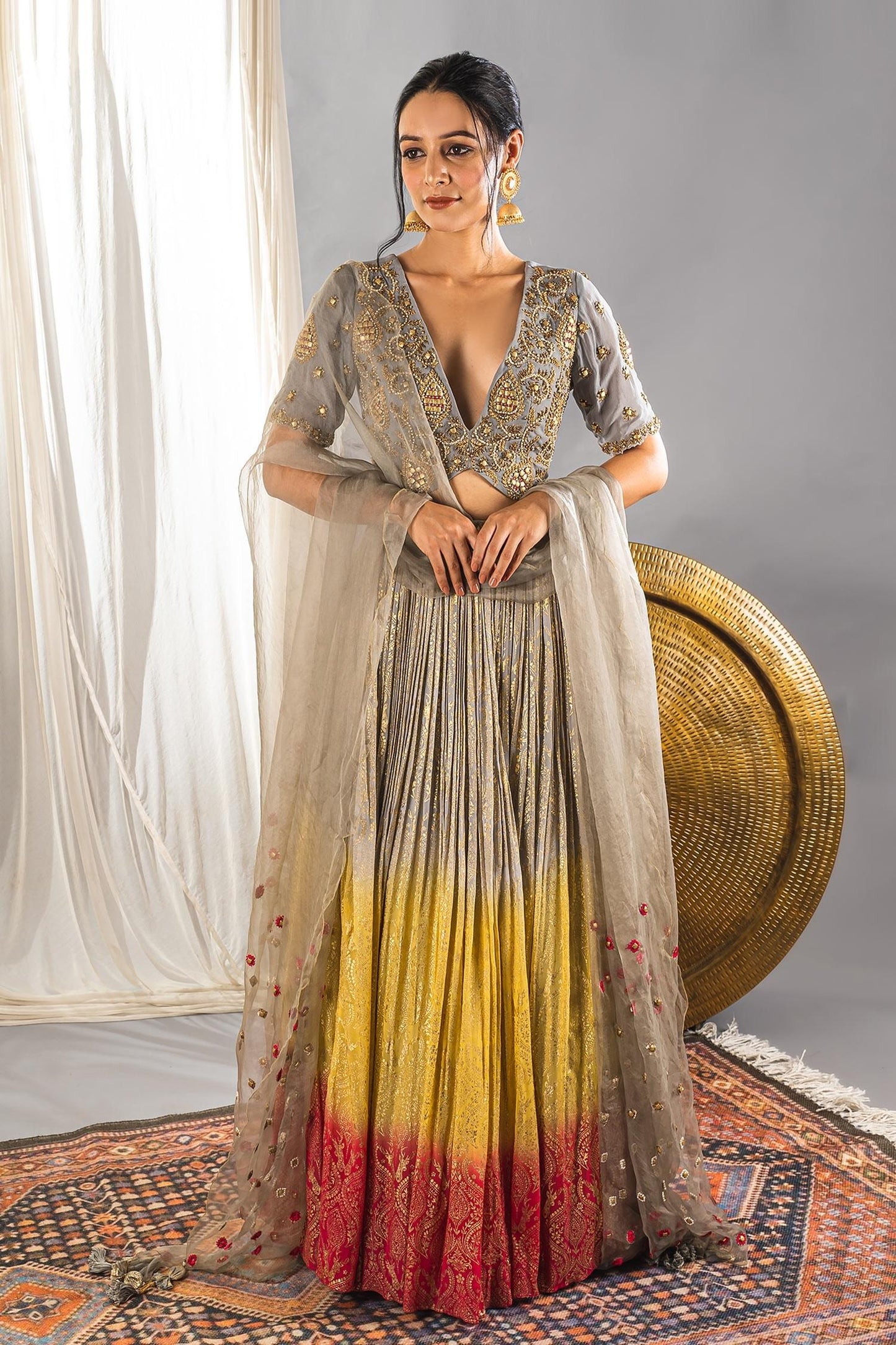 Grey Silk Blend Cutdana And Sequin, Foil Print, Beads V Neck Ombre Lehenga Set - Designer Kurta Set