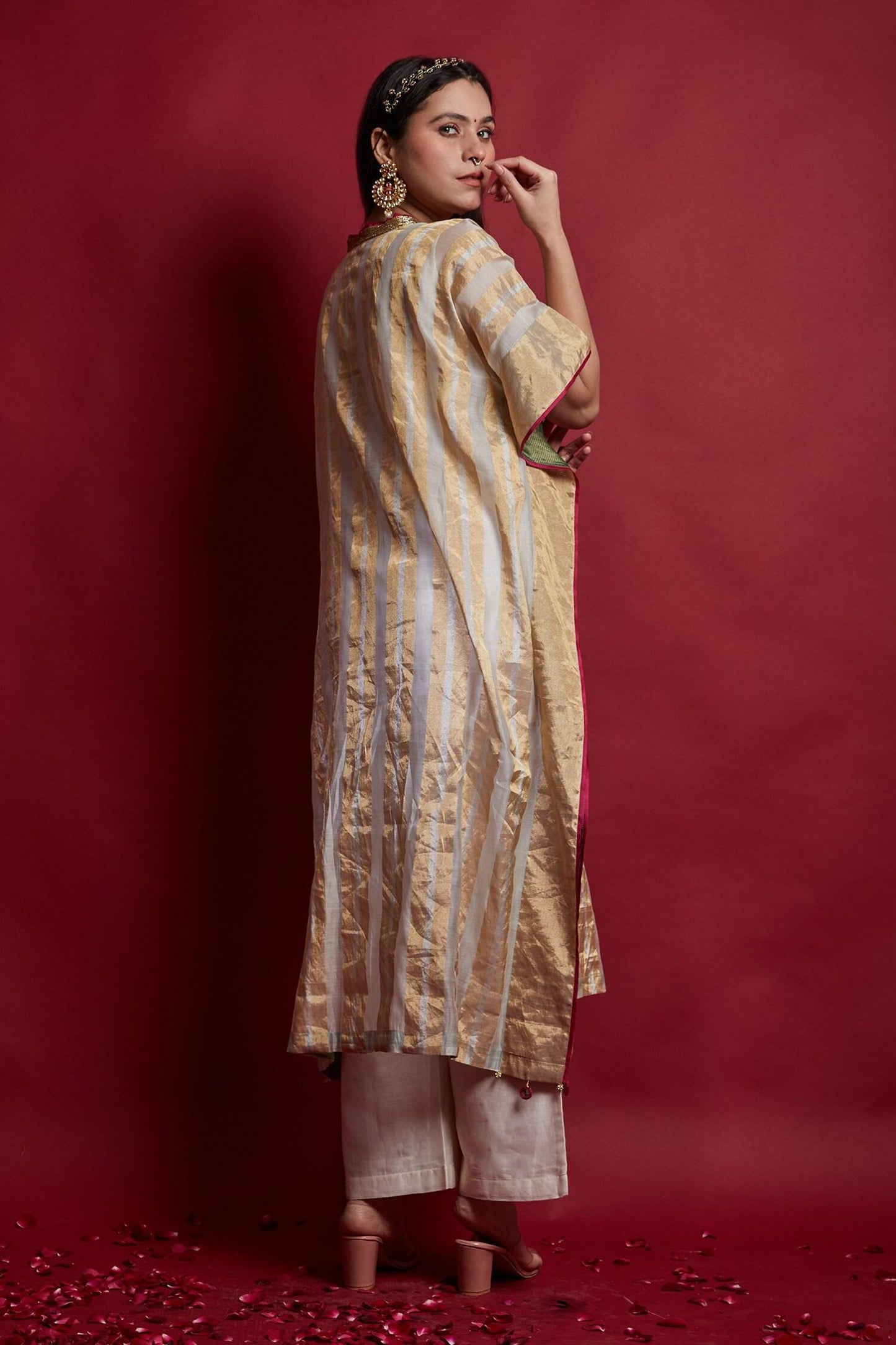 Ivory Chanderi Tassels, Embroidery V-neck Gold Zari Stripe Kaftan And Pants Set