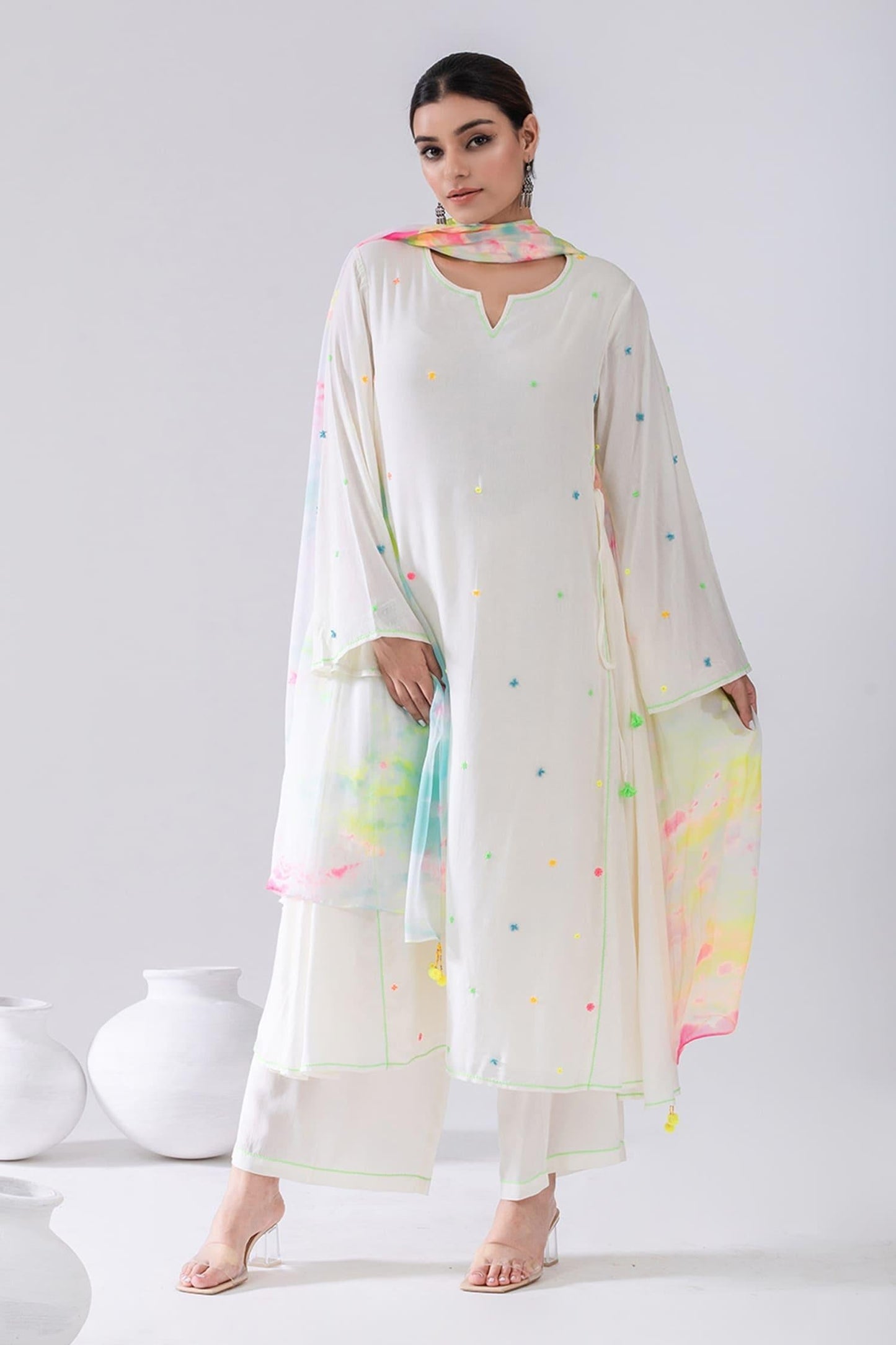 Ivory Cotton, Chiffon Tassels, Embroidery Split Thread Anarkali And Palazzo Set - Designer Kurta Set