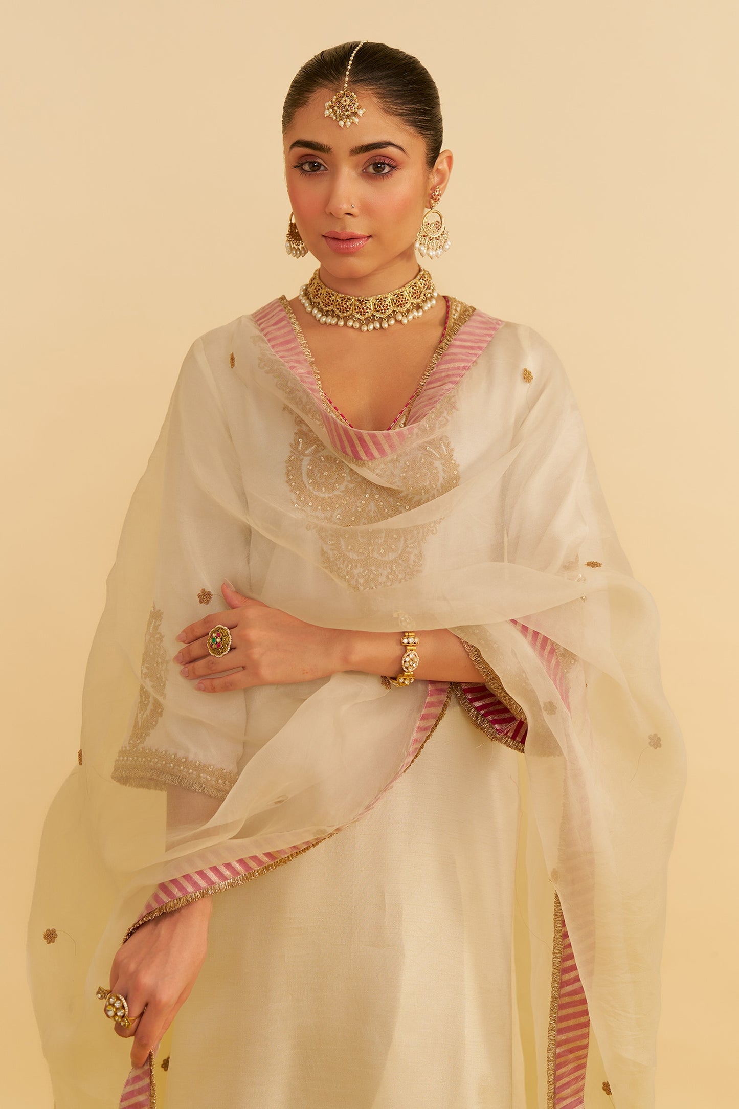 Ivory Silk Embroidery Round Neck Hiba Kaftan Set