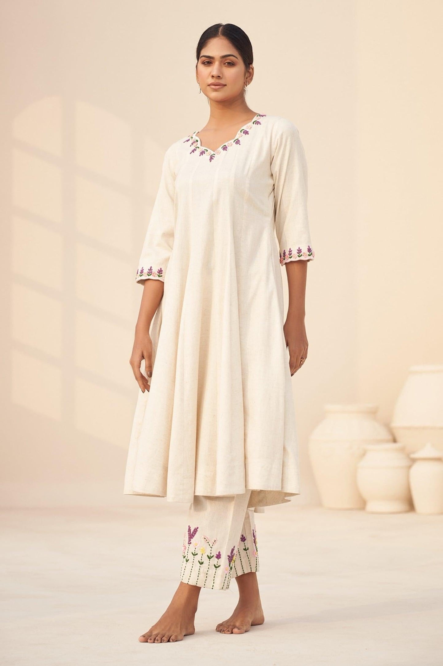 Ivory Handloom Cotton Embroidery V-neck Anarkali And Pant Set - Designer Kurta Set