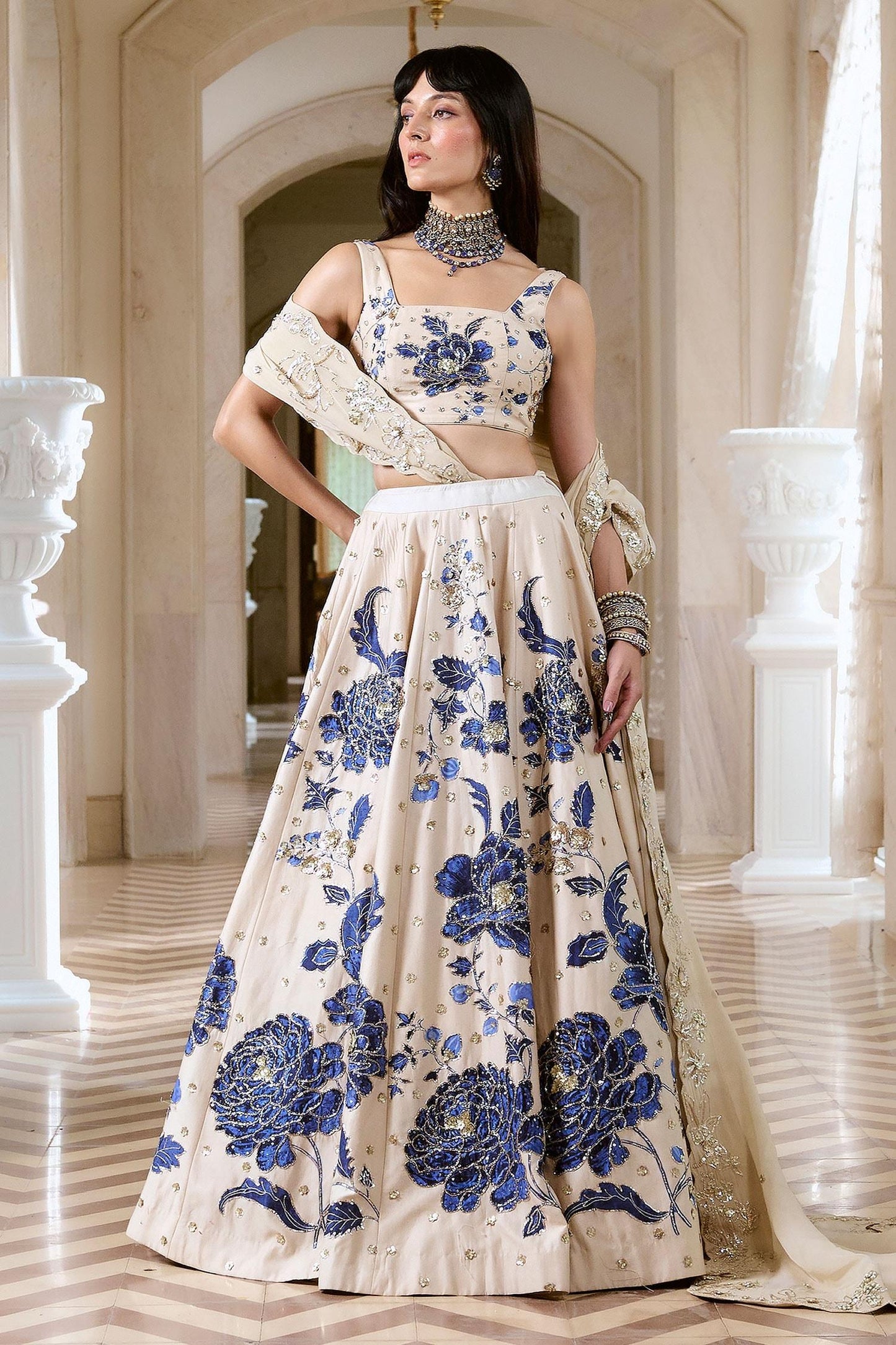 Ivory Organza Sequins, Embroidery Square Neck Floral Print Lehenga Set - Designer Kurta Set