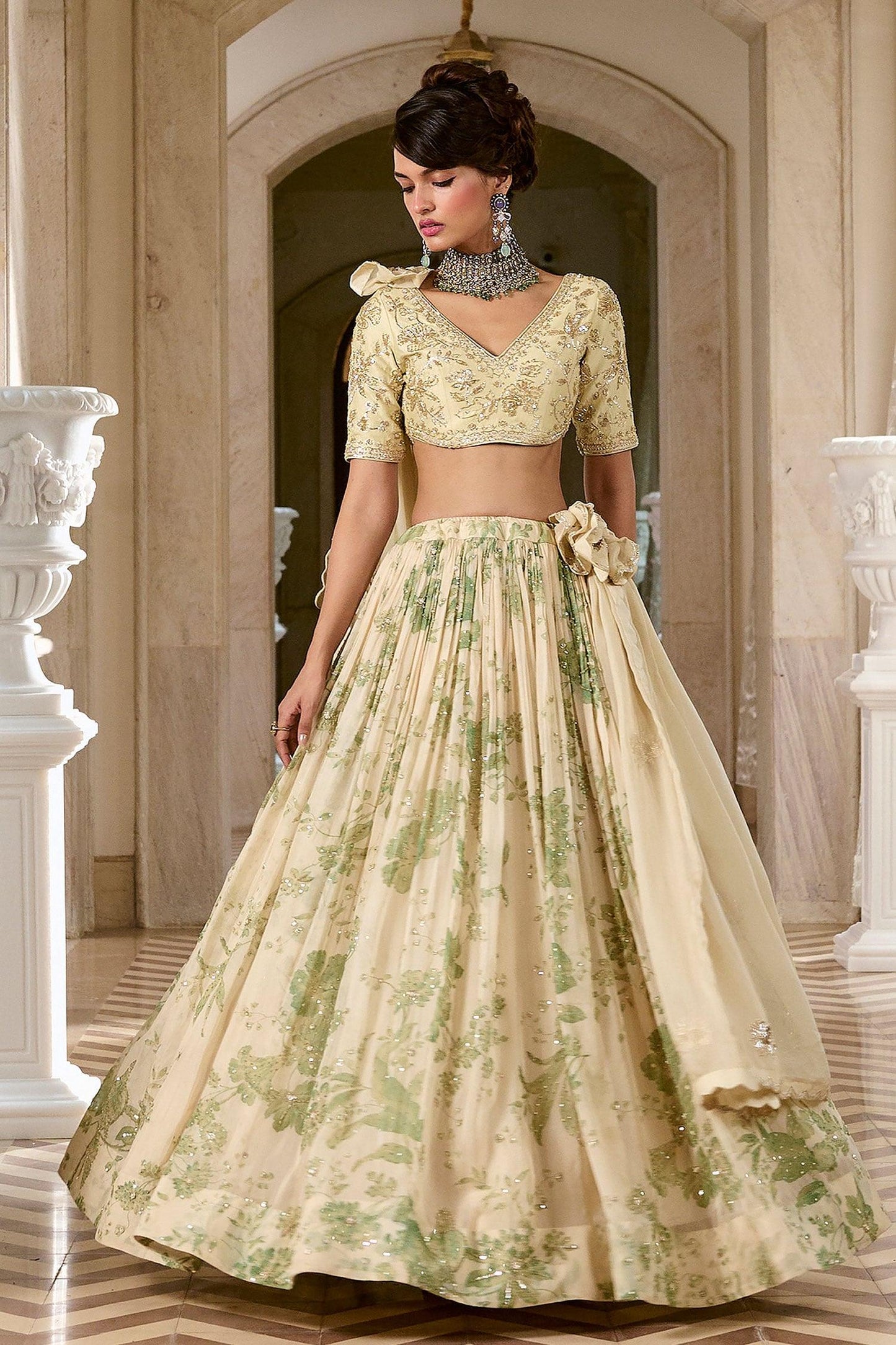 Ivory Organza, Shantoon Embroidery, Tassels V-neck Printed Lehenga Set - Designer Kurta Set