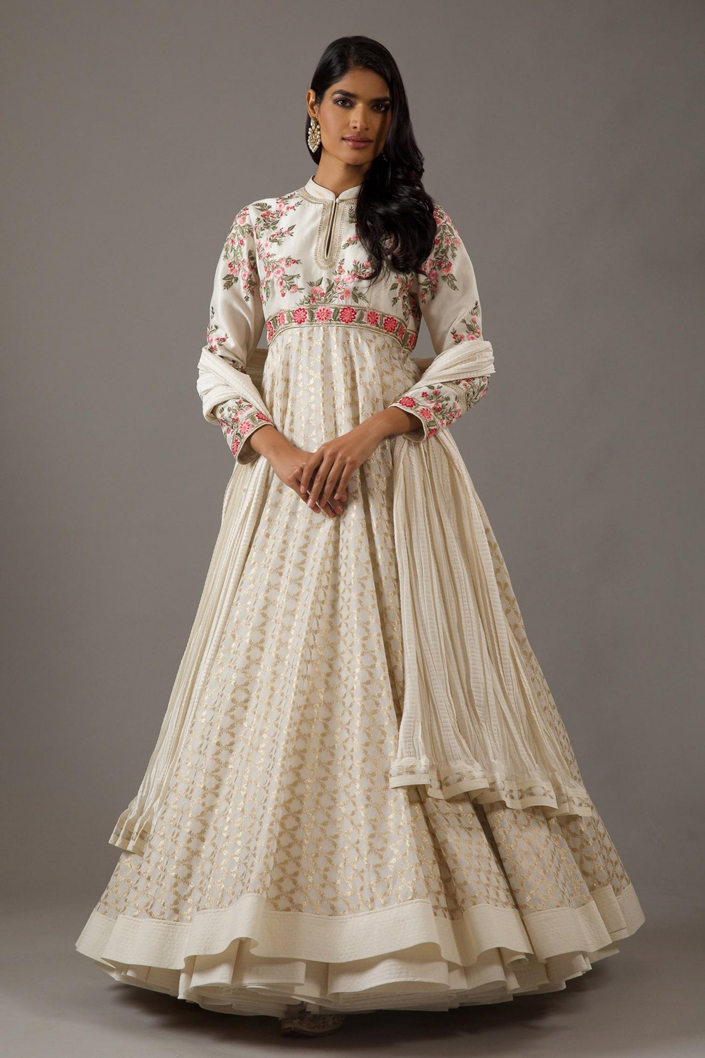 Ivory Silk, Chanderi, Cotton Embroidery Dahlia Bloom Banasai Jaal Anarkali Set - Designer Kurta Set